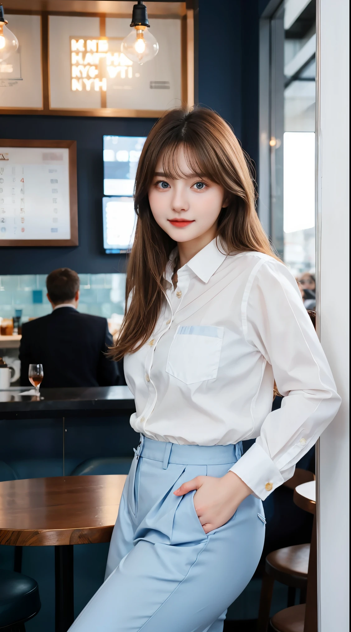 Gorgeus Girl, Beautiful, Baby Face, 20 Years Old, White Skin, Sexy Pose, woman trousers, Blue Eye, Bokeh, cafe Background, Masterpiece, Fullbody Shot, business suits, long red shirt