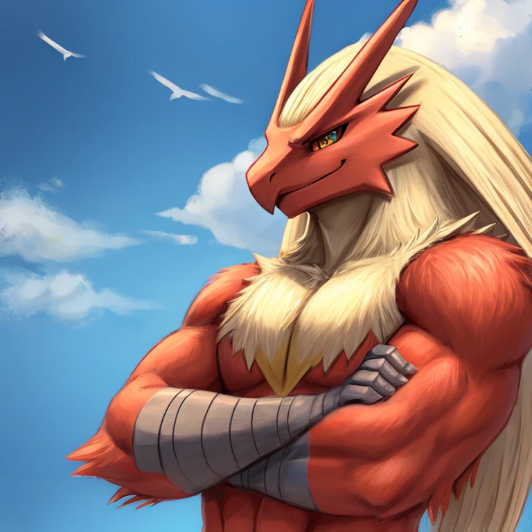 portrait of Blaziken, pastels, smile, , cool, crossed arms