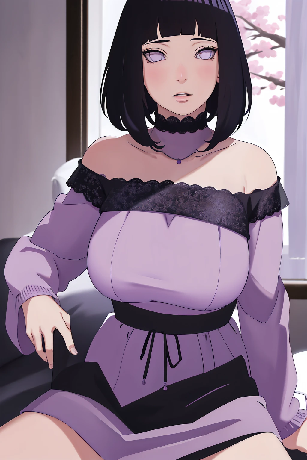 { - anatomy error} (Masterpiece - Ultra-detailed, very high resolution) (huge titusty, masterpiece, absurdres, hinata\(boruto\), 1girl, solo,mature female, off-shoulder bra, high waist black short skirt, looking at viewelling petals), perfect composition, detailed lips, big breast, beautiful face, body propotion, blush, (pink lips), short hair, (black hair), purple eyes, soft gaze, super realistic, detailed, photoshoot, realistic face and body, closed mouth, sitting on the bed , lilac eyes, upper body, lace clothes, backwards, looking back, with chin resting on shoulder, perfect fingers