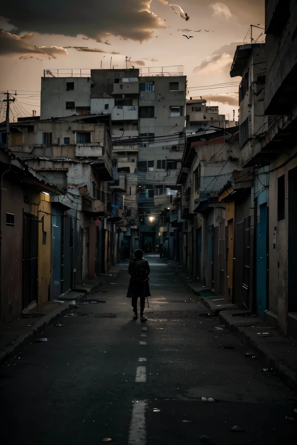 (best quality,highres:1.2),dark,dystopian, barrio donde se vea delincuencia, violencia, prostitucion ., petare caracas, probreza, temor ,dramatic composition,intense atmosphere,haunting colors,harsh lighting,dynamic angles.