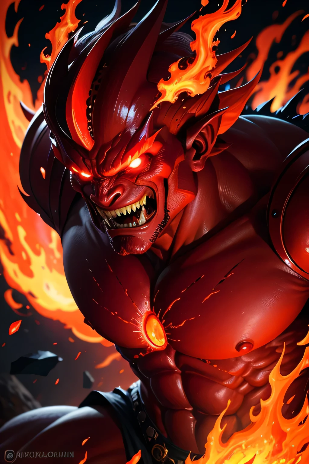 Lava Demon，Close-up：A demonic creature with red flames, Muscular humanoid fire demon, Fire Golem creature