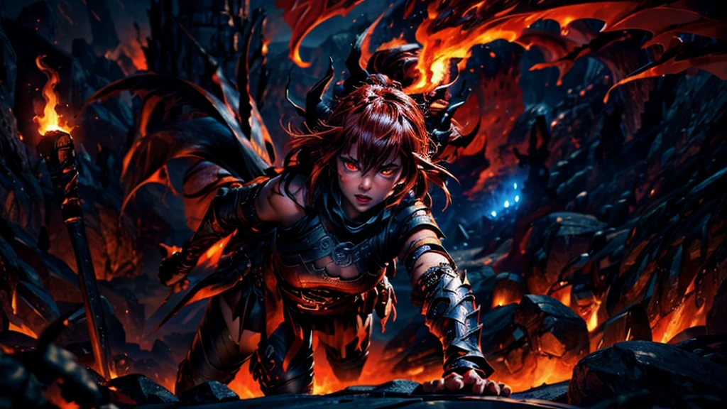 (best quality,highres),
a girl battling a lava demon,
detailed eyes and lips,
fiery, intense atmosphere,
lava flowing around,
intense heat and glowing lava,
sharp focus,
dynamic action pose,
fierce determination in her expression,
bright orange and red color palette,
impressive special effects,
realistic flames and smoke,
demonic characteristics of the lava demon,
dark, ominous background,
dramatic lighting,
physically-based rendering,
cinematic feel,
epic fantasy battle scene,
dynamic composition,
vivid color contrast,
intense emotions,
fantasy illustration style,
perfectly rendered textures,
bokeh effect to enhance focus,
ultra-detailed weapon and armor,
powerful magic effects,
ominous shadows,
contrast between light and dark,
tension and suspense in the scene,
extreme detail description.