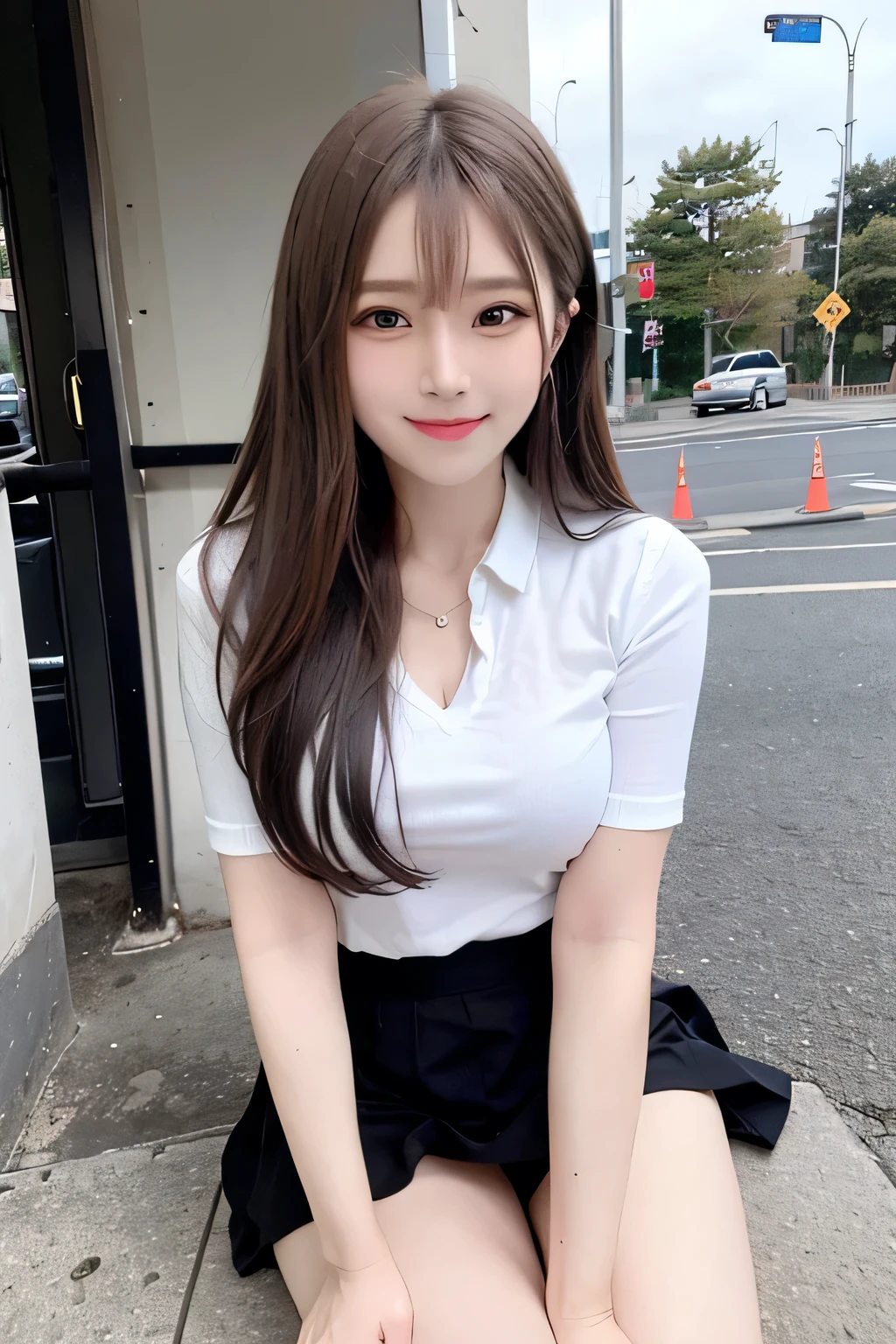 (realisitic、Photorealsitic:1.37)、(masterpiece)、(top-quality:1.4)、(超A high resolution:1.2)、(RAW Photography:1.2)、(sharp focus:1.3)、(Face Focus:1.2)、elegent、(full bodyesbian:1.2)、top-quality、masterpiece、(Reality:1.2)、girl with、brown haired、brown-eyed、frontage、A detailed face、beautidful eyes、Pleated mini skirt uniform、I can see my panties、Boldly sitting at a bus stop(1.5)、Biting smile、a lot of eyelashes、high-heels、 Very pretty