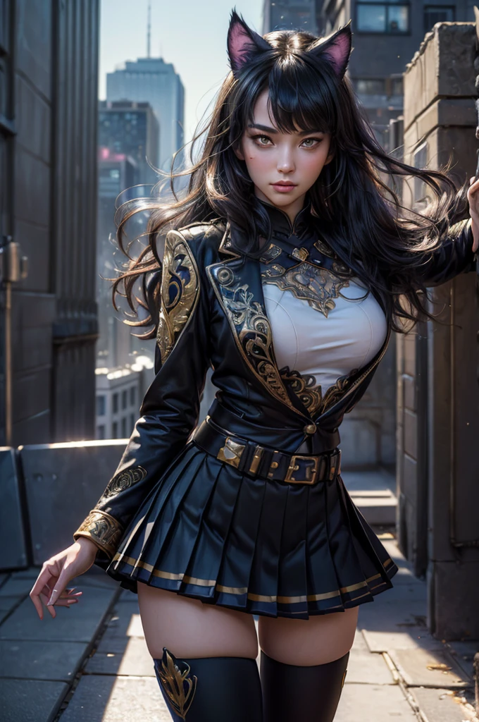 (masterpiece,stunning girlfriend, (standing:1.1), dynamic pose, heart shaped face, elegant face, beautiful face, highly detailed face, highly detailed skin, skin pores, subsurface scattering, realistic pupils, looking at viewer, full lips, detailed background, depth of field, atmospheric perspective, volumetric lighting, sharp focus, absurdres, realistic proportions, good anatomy, (realistic, hyperrealistic:1.4), 16k hdr, (masterpiece, best quality), intricate details, 1girl, blake_belladonna, gmuniform, pleated skirt, blue thighhighs, black and gold uniform, standing on rooftop, city