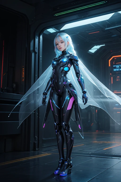 Translucent and Mysterious Mechanical Girls, All futuristic girls, All figures have mechanical joints except for the face., They all have different body colors, All perfect human faces, All heights、The tops are different sizes, Futuristic city background, Full Body Shot, Group selfie、Multipose.