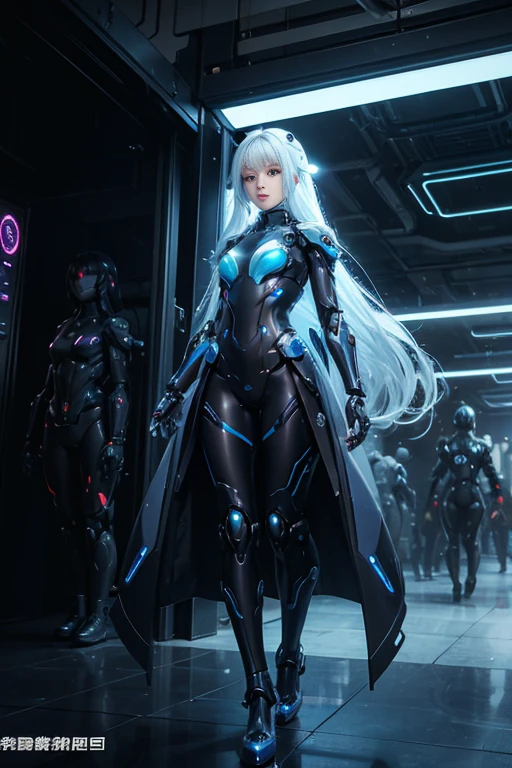 Translucent and Mysterious Mechanical Girls, All futuristic girls, All figures have mechanical joints except for the face., They all have different body colors, All perfect human faces, All heights、The tops are different sizes, Futuristic city background, Full Body Shot, Group selfie、Multipose.