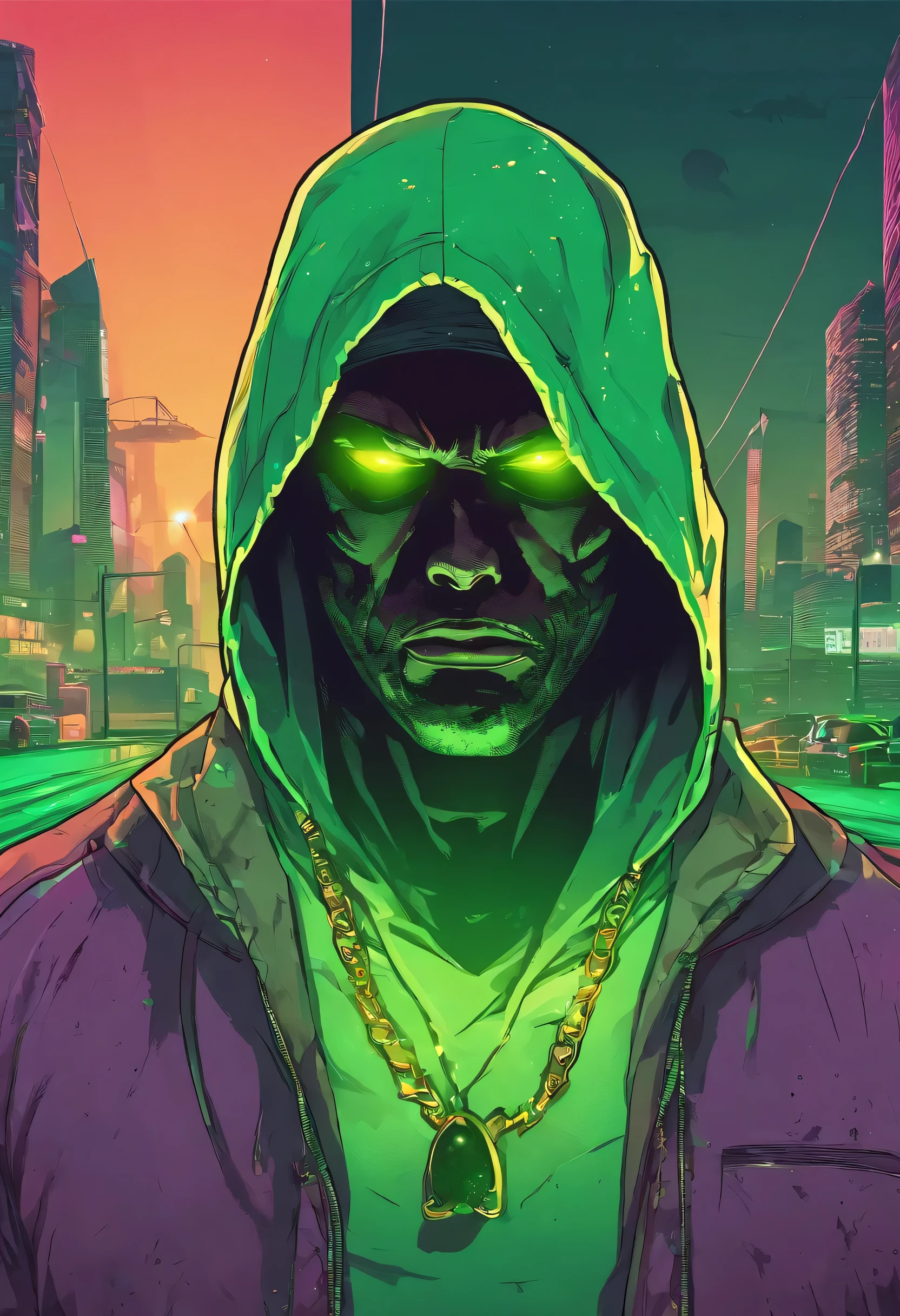Human man in green hood, with mysterious and dark face, eyes with radiant green lights, luminous scenery in the background