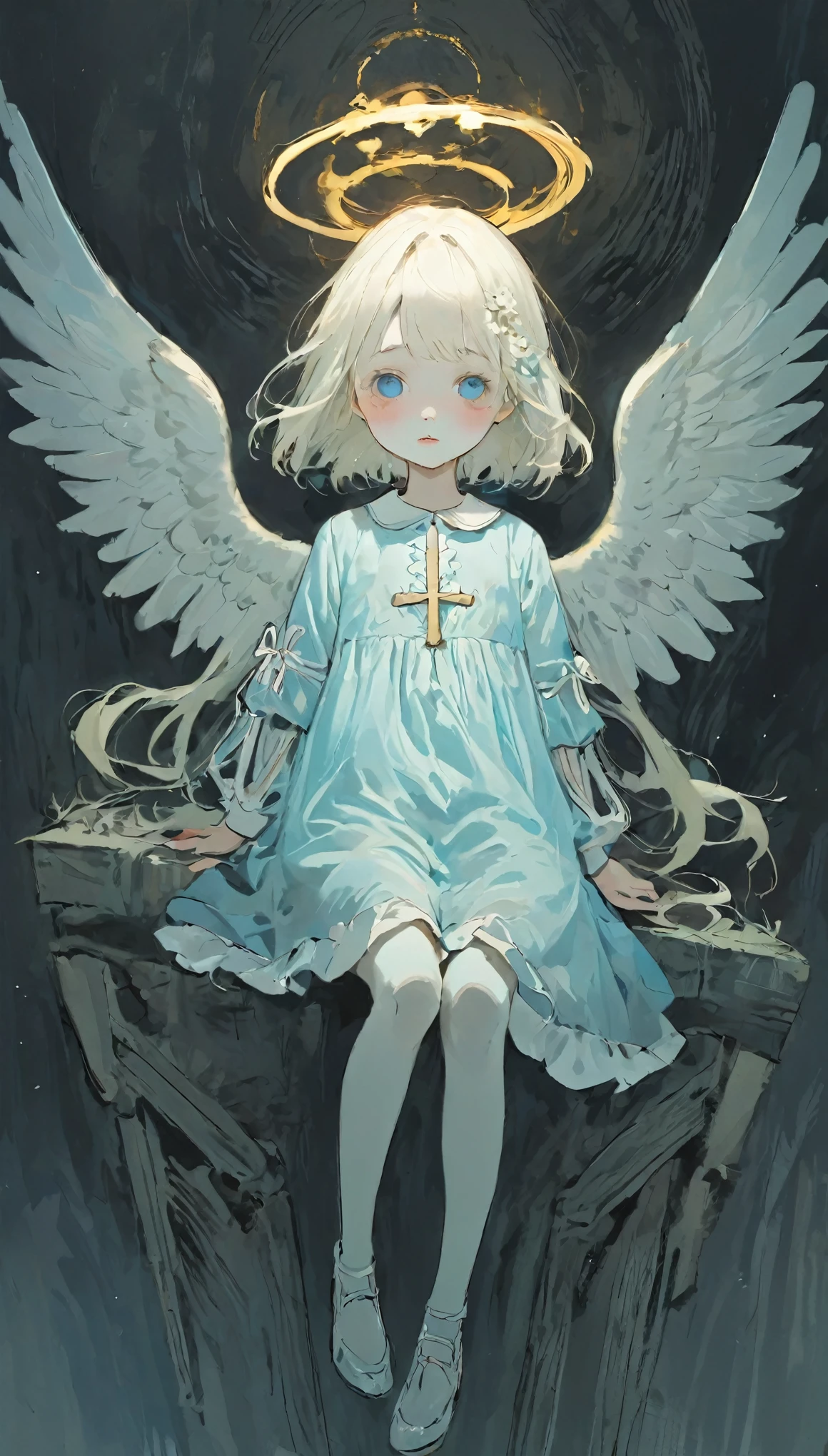 (masterpiece), (High resolution), (Very delicate), (masterpiece: 1.2, highest quality),Angel、The girl who guides the dead to heaven、Cute face、Expressionless、 scribble, nightmare, Doll-like face, Manga Style, rough sketch, Manga Styleイラスト, Japanese painting, whole body,(snap shot), Flat Illustration, Creepy Appearance, Unique atmosphere、White God on a Skeleton、