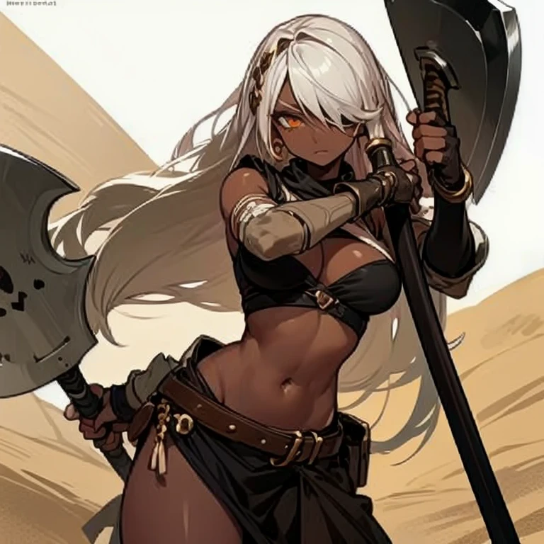 Masterpiece, best quality, expressive eyes, perfect face, 1girl, solo, breasts, dark skin, dark-skinned female, skull, golden eyes, large breasts, navel, hair over one eye, white hair, looking at viewer, axe, desert background, sandy background, eyepatch, long hair, weapon, pelvic curtain, elbow gloves, fingerless gloves, belt, chains, hair over one eye,