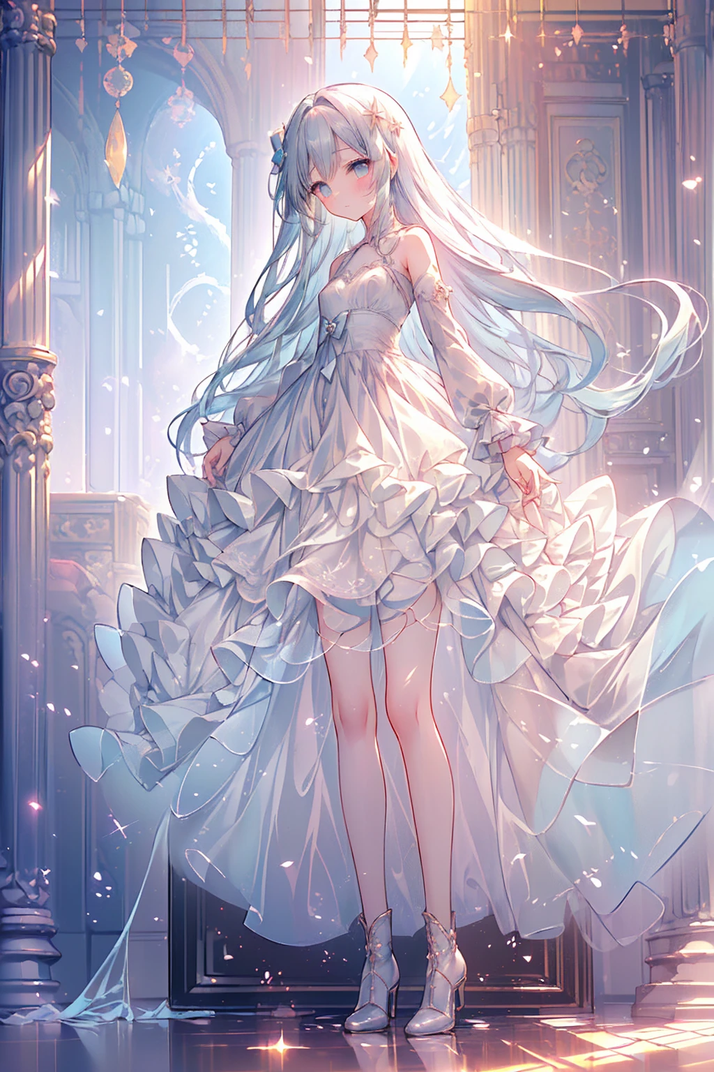 masterpiece, best quality, extremely detailed, (illustration, official art:1.1), 1 girl ,(((( light blue long hair)))), ,(((( light blue long hair)))),light blue hair, ,10 years old, long hair ((blush)) , cute face, big eyes, masterpiece, best quality,(((((a very delicate and beautiful girl))))),Amazing,beautiful detailed eyes,blunt bangs((((little delicate girl)))),tareme(true beautiful:1.2), sense of depth,dynamic angle,,,, affectionate smile, (true beautiful:1.2),,(tiny 1girl model:1.2),)(flat chest)),(((masterpiece, best quality, 8k resolution, sharp focus,(Masterpiece), (Best quality), (1 girl)), Amazing, Beautiful detail eyes,masterpiece, best quality, 8k resolution, sharp focus, intricate detail, beautiful girl, sparkling eyes, golden ratio face, otherworldly liquid, watercolor, pastel colors, bright colors, whimsical, colorful, sharp focus, high resolution, fine detail, ((layered tiered puffy long sleeves ballgown)), ((round eyes)), iridescent bubbles, fantasia background,full body,、full body,foot、foot fetish、boots focus,