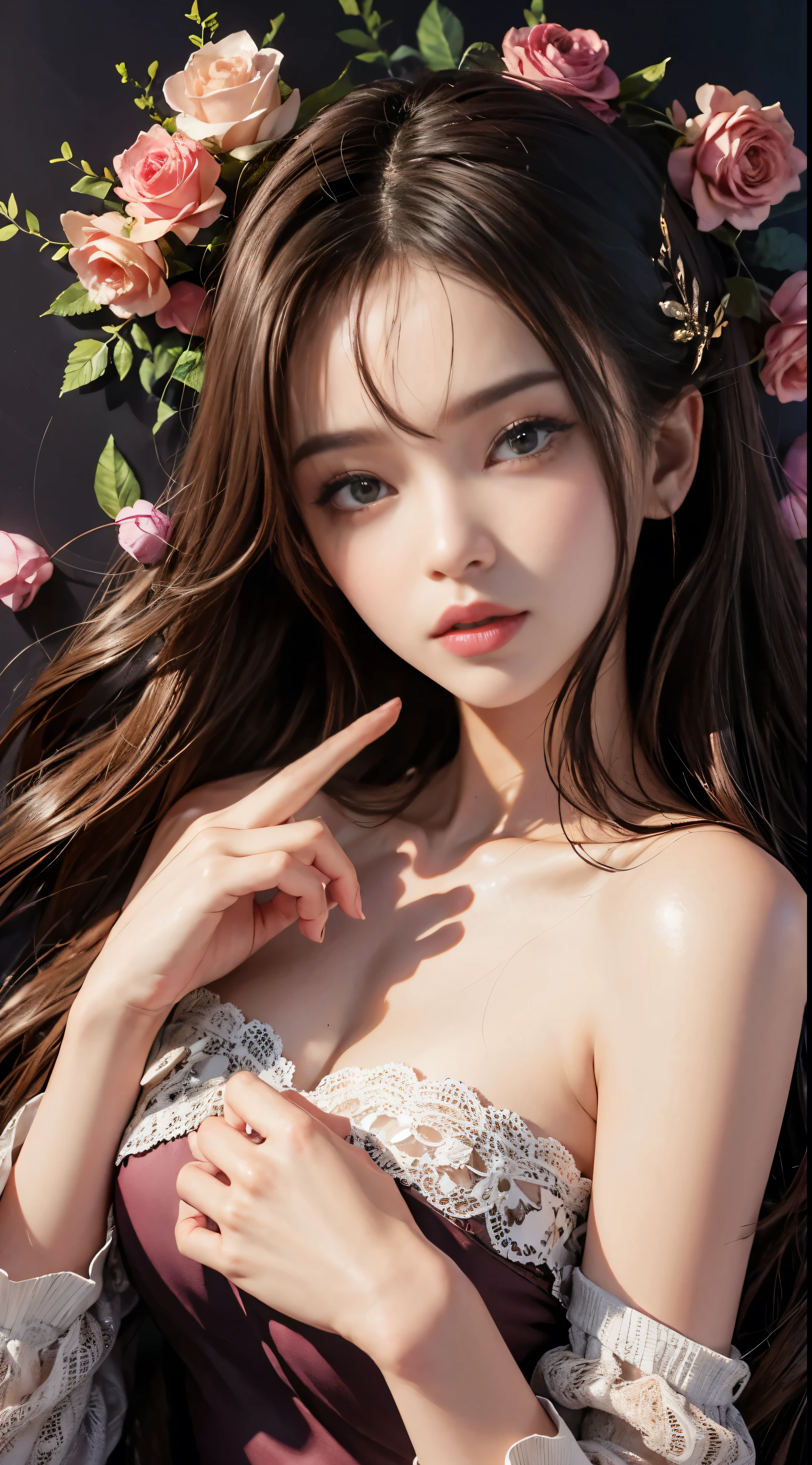 (One Girl:1.3), Cinematic Light, (Tabletop, highest quality, highest quality, beautifully、aesthetic:1.3), Very detailed,Best details,(Very detailed),, From above,(( Lying in bed)), alone, chest, Silky long hair, (Brown Hair), Roses were scattered in the flowerbed., ((suit)), ((shirt)), Open chest,Big chest,Accurate finger drawing,Anatomically correct hand