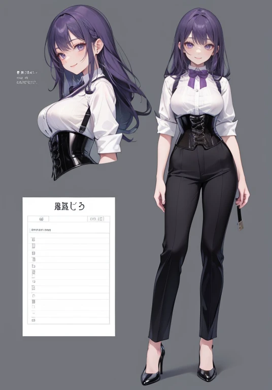 Purple hair,Long hair,Adult female,Bartender,((Body harness)),((Rolling up your sleeves shirt)),(Corset),(slacks),High heels,((Simple background)),Smile,((Full body)),((whole body)),Character Sheet,