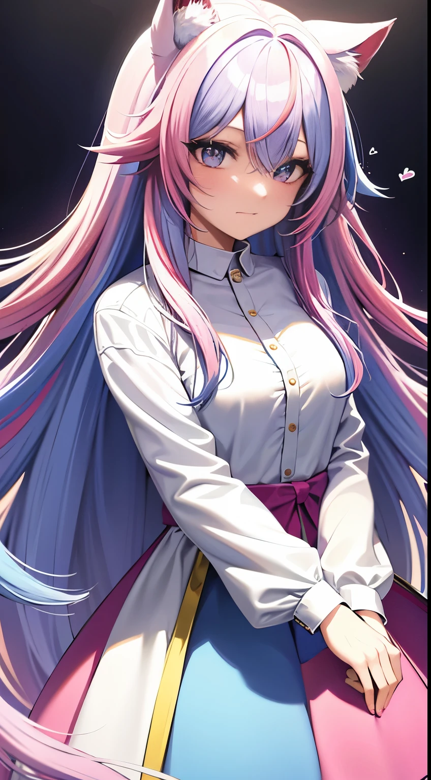 cowboy shot, masterpiece,Splash color, soft lighting,(cocktail glass), 1girl, solo, cat ears, multicolored hair, ((gradient hair), white+(blue)+(pink:0.5) hair//), very long hair, messy hair, bangs, ahoge, ((gradient eyes), pink+light_blue eyes//), slit pupils, glowing eyes, 1fang, white sweater
