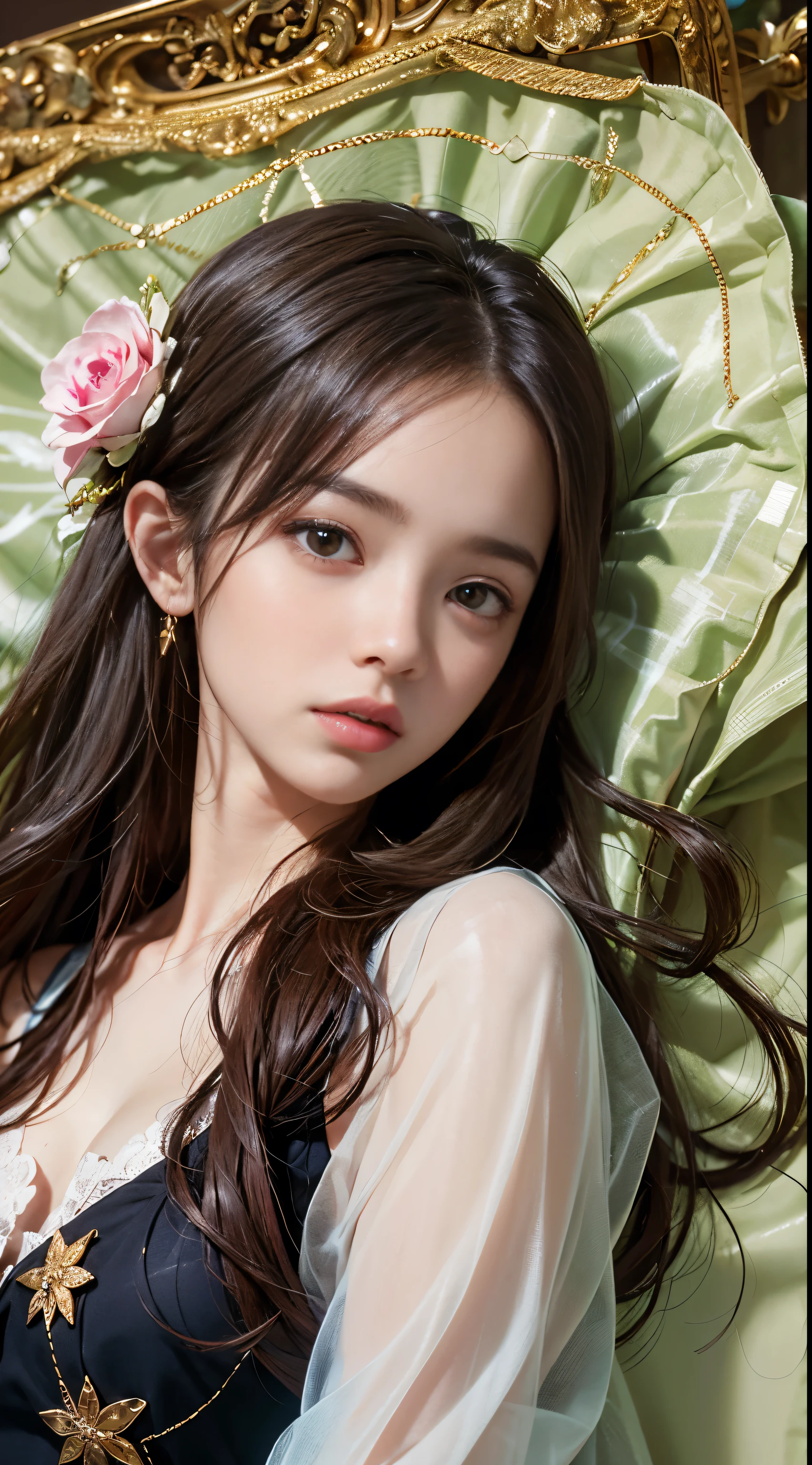 (One Girl:1.3), Cinematic Light, (Tabletop, highest quality, highest quality, beautifully、aesthetic:1.3), Very detailed,Best details,(Very detailed),, From above,(( Lying in bed)), alone, chest, Silky long hair, (Brown Hair), Roses were scattered in the flowerbed., ((suit)), ((shirt)), Open chest,Big chest,Accurate finger drawing,Anatomically correct hand
