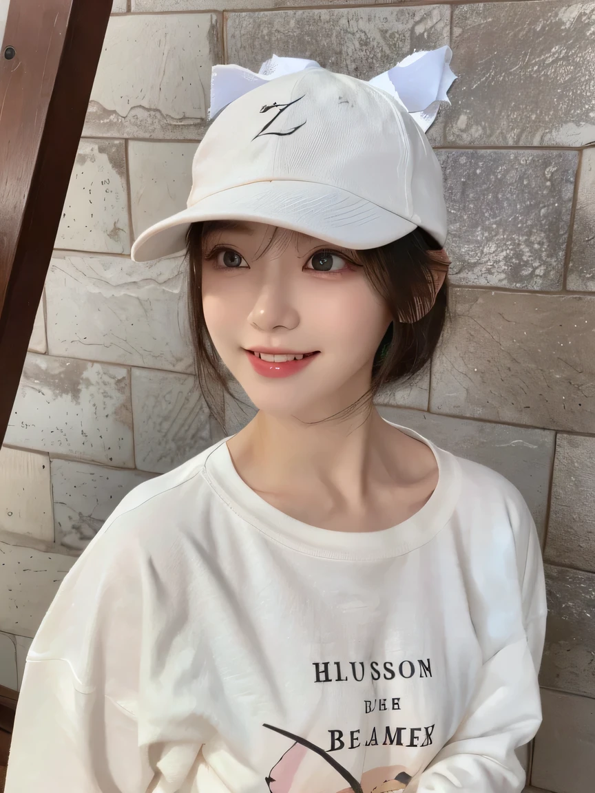 Best image quality、original photo、ultra high resolution、21 years old Korean、small breasts、dynamic angle、Cowboy shooting、The most beautiful form of chaos、elegant、Innovative design、bright colors、,light brown short hair、disheveled hair、light brown eyes 、black baseball cap(Facial expressionSmile)、short bob、Smile、Fair and shiny skin、beautiful eyes，random colors、The details are very beautiful、thin lips、Delicate and beautiful eyes、elongated eyes、Pale pink cheeks、long eyelashes、beautiful double eyelids、eye shadow、he、White Large T-shirt Sweatshirt、baggy pants、Shot from the side、sexy pose、enlarge