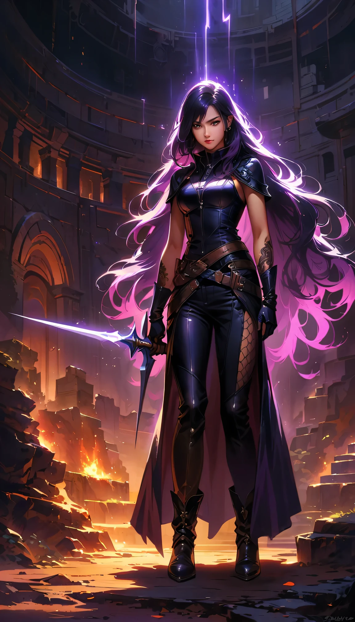 a female assassin in a dark fantasy setting, with long flowing hair in shades of black and purple, Tattood on the face, piercing blue, wearing a sleek black leather outfit , including dragon scales  tattoos on her arms,Wearing a pair of pointed long leather boots. She stands in a dimly underground chamber, holding a curved daggers , The scene is illuminated with flickering lightning, casting shadows and enhancing the suspenseful atmosphere. The image is of the highest quality, with extreme attention to detail , showcasing the artist's technical expertise and mastery of light and shadow. The art style is realistic yet with a touch of fantasy.