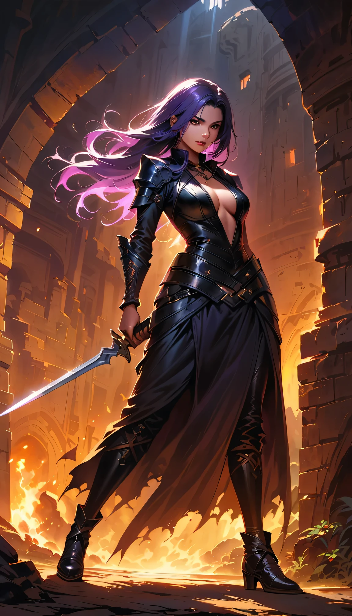 a female assassin in a dark fantasy setting, with long flowing hair in shades of black and purple, Tattood on the face, piercing blue, wearing a sleek black leather outfit , including dragon scales  tattoos on her arms,Wearing a pair of pointed long leather boots. She stands in a dimly underground chamber, holding a curved daggers , The scene is illuminated with flickering lightning, casting shadows and enhancing the suspenseful atmosphere. The image is of the highest quality, with extreme attention to detail , showcasing the artist's technical expertise and mastery of light and shadow. The art style is realistic yet with a touch of fantasy.