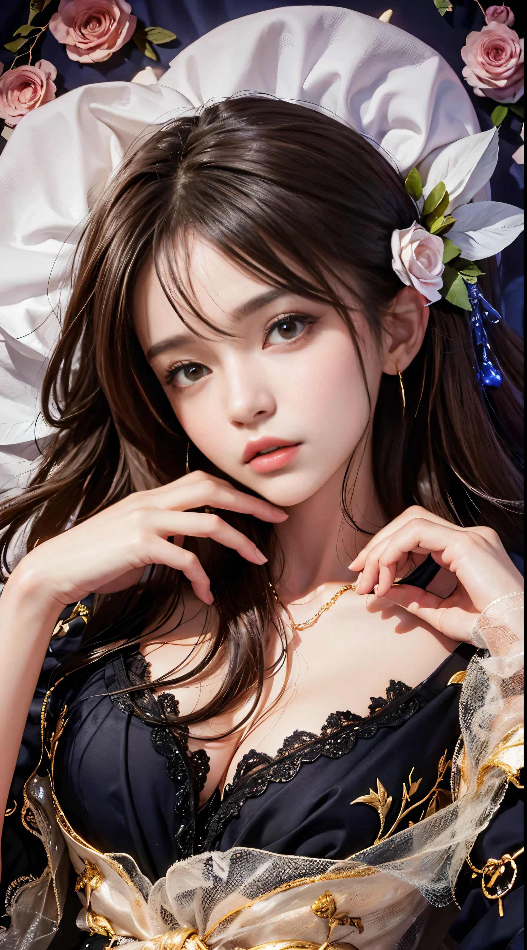 (One Girl:1.3), Cinematic Light, (Tabletop, highest quality, highest quality, beautifully、aesthetic:1.3), Very detailed,Best details,(Very detailed),, From above,(( Lying in bed)), alone, chest, Silky long hair, (Brown Hair), Roses were scattered in the flowerbed., ((suit)), ((shirt)), Open chest,Big chest,Accurate finger drawing,Anatomically correct hand