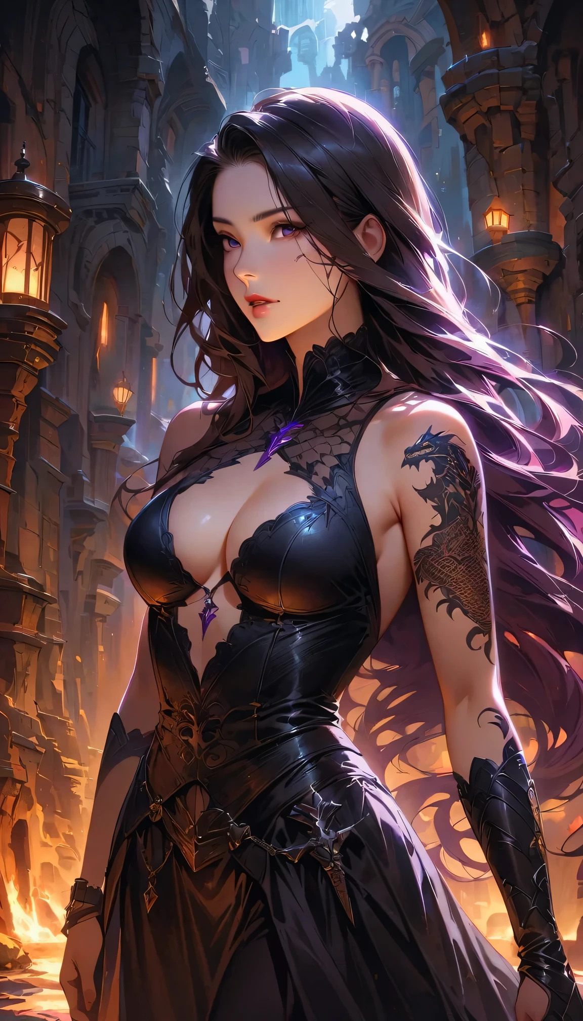 a female assassin in a dark fantasy setting, with long flowing hair in shades of black and purple, Tattood on the face, piercing blue, wearing a sleek black leather outfit , including dragon scales  tattoos on her arms,Wearing a pair of pointed long leather boots. She stands in a dimly underground chamber, holding a curved daggers , The scene is illuminated with flickering lightning, casting shadows and enhancing the suspenseful atmosphere. The image is of the highest quality, with extreme attention to detail , showcasing the artist's technical expertise and mastery of light and shadow. The art style is realistic yet with a touch of fantasy.