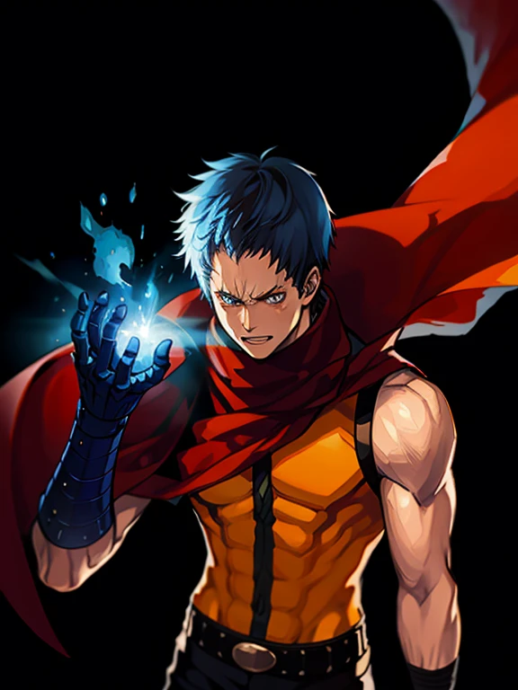 30-year-old man, alone, alone, thin, semi-short blue hair, wears blue gloves that cover almost his entire forearm, orange shirt attached to his body, worn red cape, blue pants, angry look pointing at the viewer, in the background lots of yellow fire around him, cinematic, ultra sharp focus, award winning photography, perfect contrast, high sharpness, depth of field, ultra detailed photography, global illumination, fluid, ultra high definition, 8k, Unreal Engine 5, ultra sharp focus, photography award-winning, art station trends,