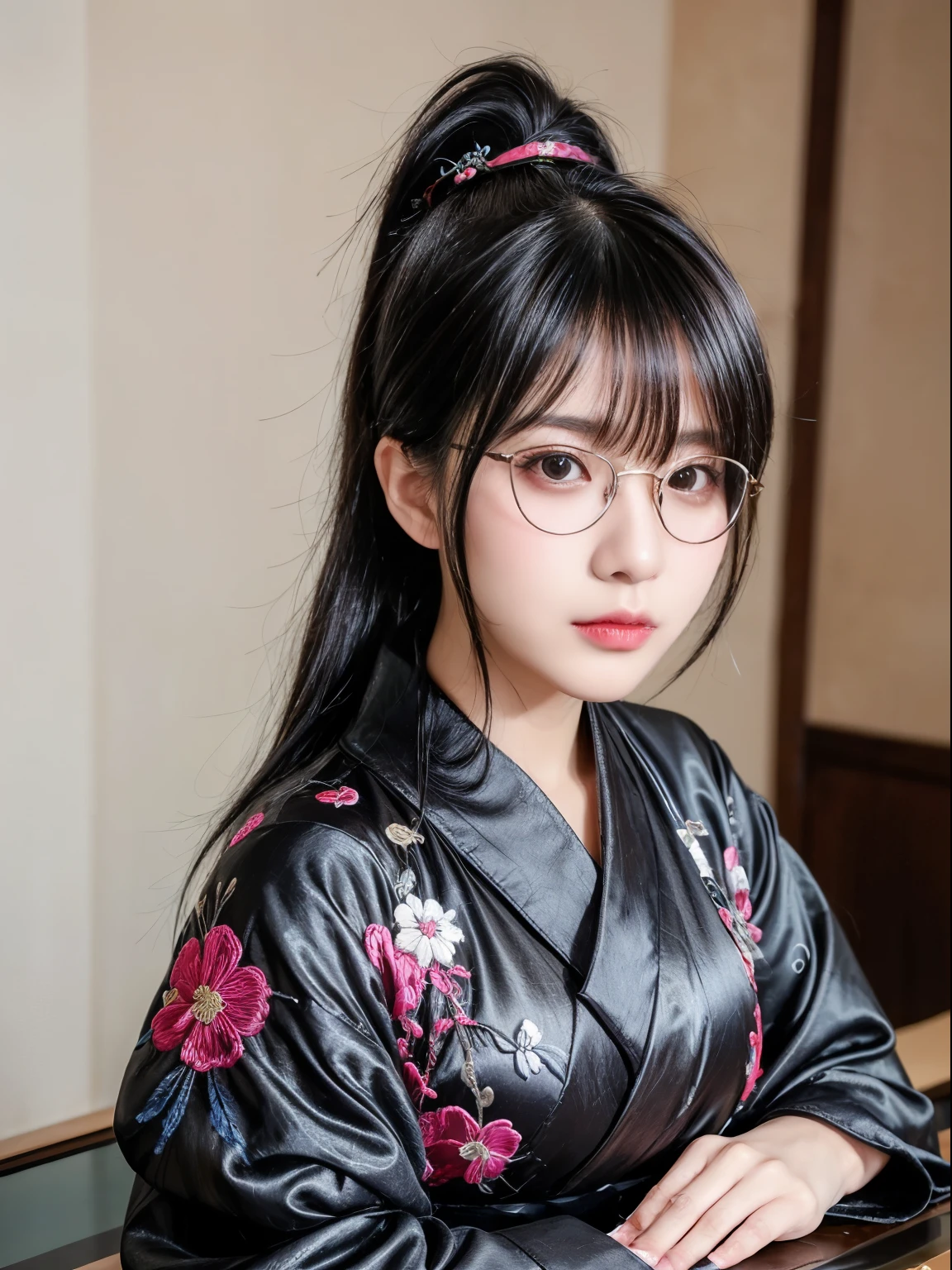 Background of Details(Alleys in Kyoto),Fancy costumes(High-end kimono(Colorful kimonos(Detailed embroidery))),BREAK 1 Beautiful and Classy Adult Woman(Japanese actress:1.2)(Shiny black hair(beret,(ponytail:1.2)),(Glasses:1.2), Wallpapers 16K,Blur the background,(Tabletop:1.5), (highest quality:1.5),(Portrait Photography:1.5),Whole Body Ezbian