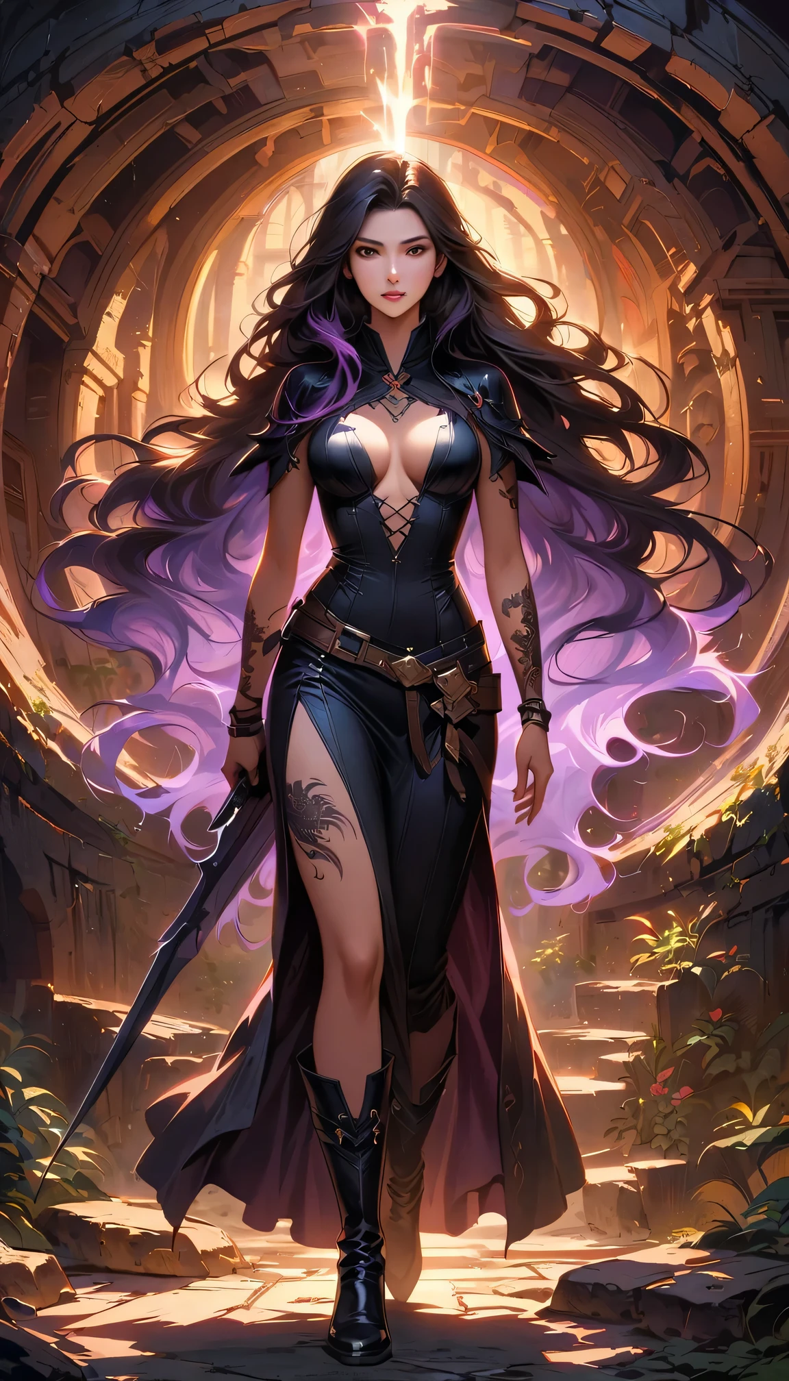 a female assassin in a dark fantasy setting, with long flowing hair in shades of black and purple, Tattood on the face, piercing blue, wearing a sleek black leather outfit , including dragon scales tattoos on her arms,Wearing a pair of pointed long leather boots. She stands in a dimly underground chamber, holding a curved daggers , The scene is illuminated with flickering lightning, casting shadows and enhancing the suspenseful atmosphere. The image is of the highest quality, with extreme attention to detail , showcasing the artist's technical expertise and mastery of light and shadow. The art style is realistic yet with a touch of fantasy.