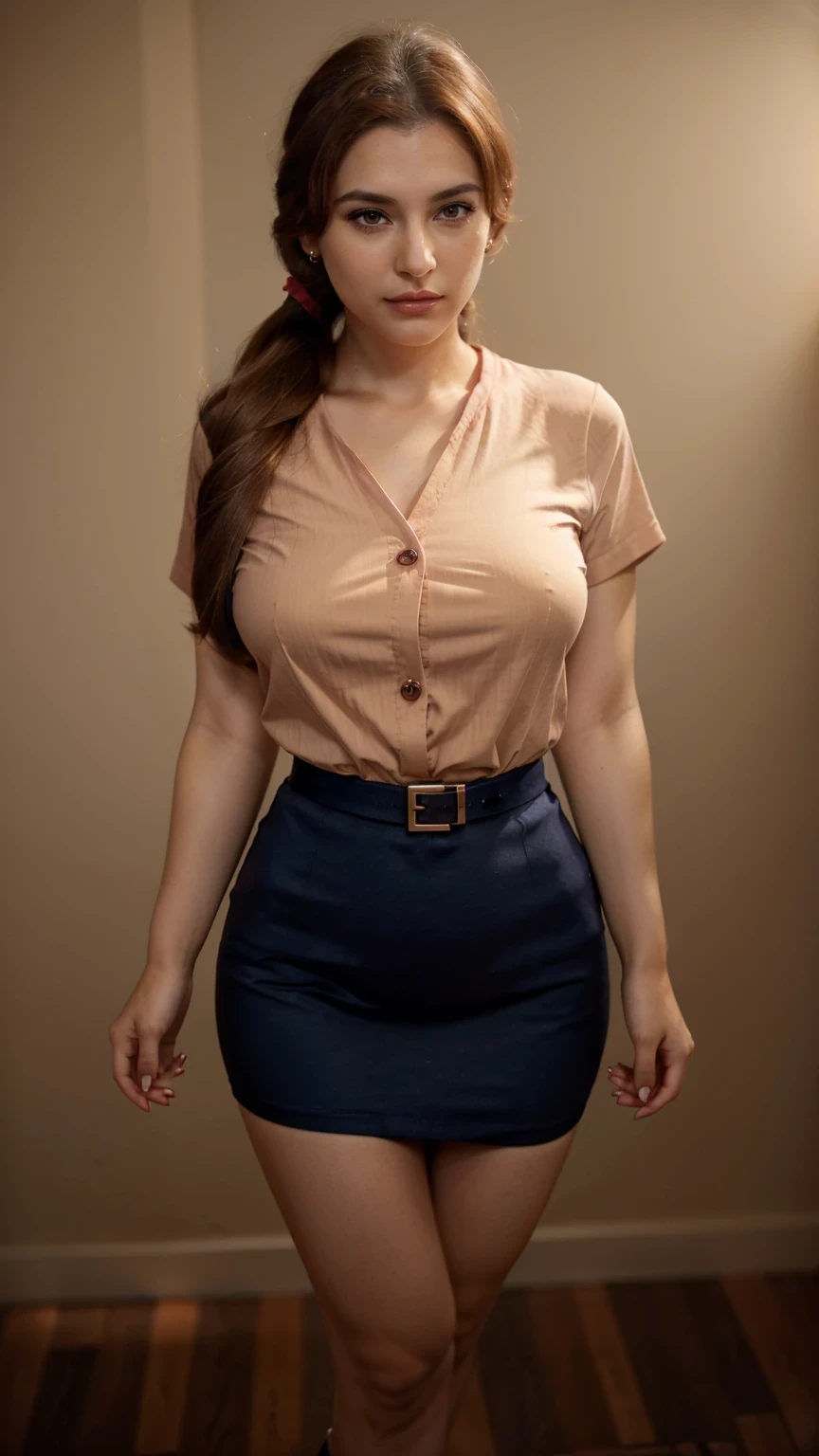 A woman teacher, beautiful, cute, tenderness, pure confidence, big chest, long brown hair, short, squares her light brown eye, eyebrows, slim red lip, dresses in a dark pink shirt, buttons, short sleeves, arm and a navy blue skirt, wearing black heels, golden earrings in her ear.