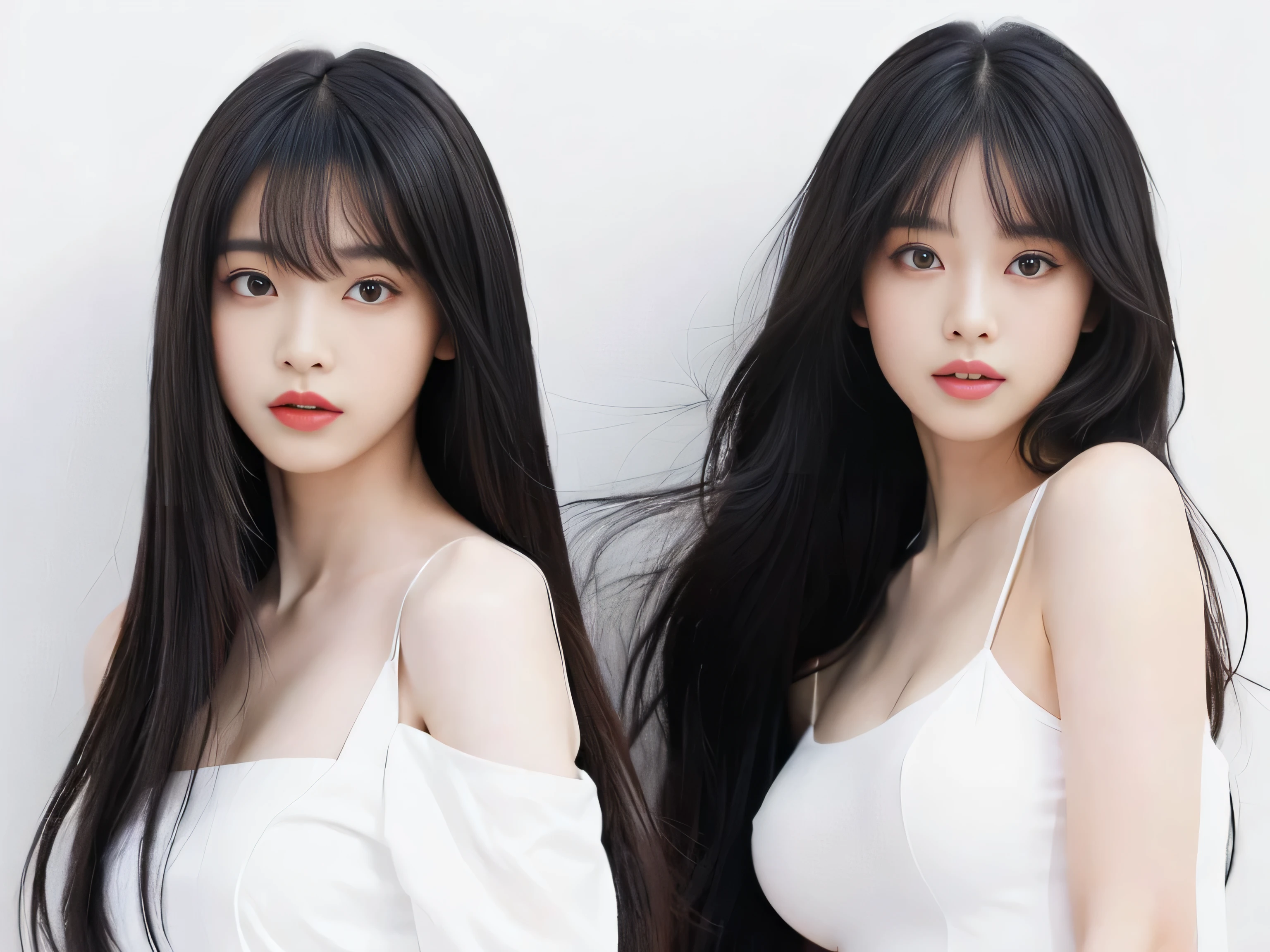 (Two identical twin hair models in the same space are hugging each other, closing their eyes and kissing) ((Two people kissing at the same time:2.0 photographed from chest up)) (The two are identical clones, Wear the same clothes, stop temporarily, Hairstyle, exterior.:1.5) ((Beautiful 18-year-old model with long black hair, girl with super length Hair, extremely length Hair, extra length Hair, very long, Flowing Hair, very length Hair, length Hair girl, very long, Flowing black hair, length Hair windy, Very long black hair, length, Flowing Hair,Incredibly long-lasting hair, length Hair!!!! Her highest quality hair is long and straight., very long, highest quality black hair, length hair in the center, Highest quality long straight hair, length, straight, beautiful, High quality hair, length and free black highest quality straight hair, length Hair, length and straight, highest quality black hair, Perfect silky straight hair of the highest quality, straight, highest quality black hair, length black straight hair, length, Thin black hair Her hair is long and straight, very long black hair, length hair in the center, length straight hair, length, straight, beautiful hair of the highest quality, length Hair, length, straight black hair, length and free straight black hair, straight black hair)) (Her bangs are perfect.:1.3) (Pure white wall background:1.8) (Japan's most sexy and beautiful 18-year-old beauty model) ((highest quality)), ((masterpiece)), (Familiar) (Get used to it) Perfect Face (Her skin is a typical Japanese skin color.....、And very detailed) (Big Breasts:1.3) (She has a beautiful face and a typical Japanese figure...., Narrow eyes) (She has perfect beautiful makeup and face Lipstick is light red A solid eyeliner) ((Rich 1.4)) (Extremely detailed 8K) (Ultra-fine skin texture 1.4) (Actual, Vibrant:1.4), double eyelid Sharp focus:1.2、Beautiful woman:1.4 Dynamic Lighting (Genuine RAW photos taken by professional photographers) Professional Hair Shine. (She has a bright and cheerful face) (((途方もなくlengthBlack hair 1.3))) (length, Shiny black hair, その女性はlengthBlack hairをしている, lengthBlack hair, Waist-length hair, very lengthBlack hair, thick shining black hair, black silky hair, length and shiny hair, lengthBlack hair, length, Flat Hair Ridiculously long hair, Black shiny hair, Very shiny, Abnormally long hair, 厚く輝く異常にlengthBlack hair,Jet black silky hair Her hair is とてもlength and straight length, Voluminous black hair that reaches down to her ankles unusually long black hair, unusually long black hair, Very long black hair) (Her face is slim and dignified.., length, Narrow eyes..々Nice face) (They are'They're both wearing the same white lingerie:1.5)