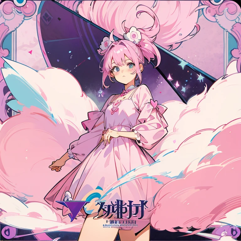 anime style character that is a girl, with a detailed dress in purple and pink tones that is kawaii, soft, and gently