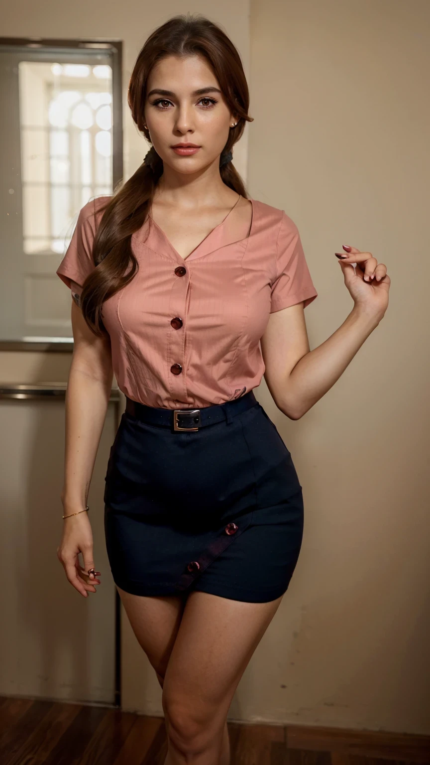 A woman teacher, beautiful, cute, tenderness, pure confidence, big chest, long brown hair, short, squares her light brown eye, eyebrows, slim red lip, dresses in a dark pink shirt, buttons, short sleeves, arm and a navy blue skirt, wearing black heels, golden earrings in her ear.
