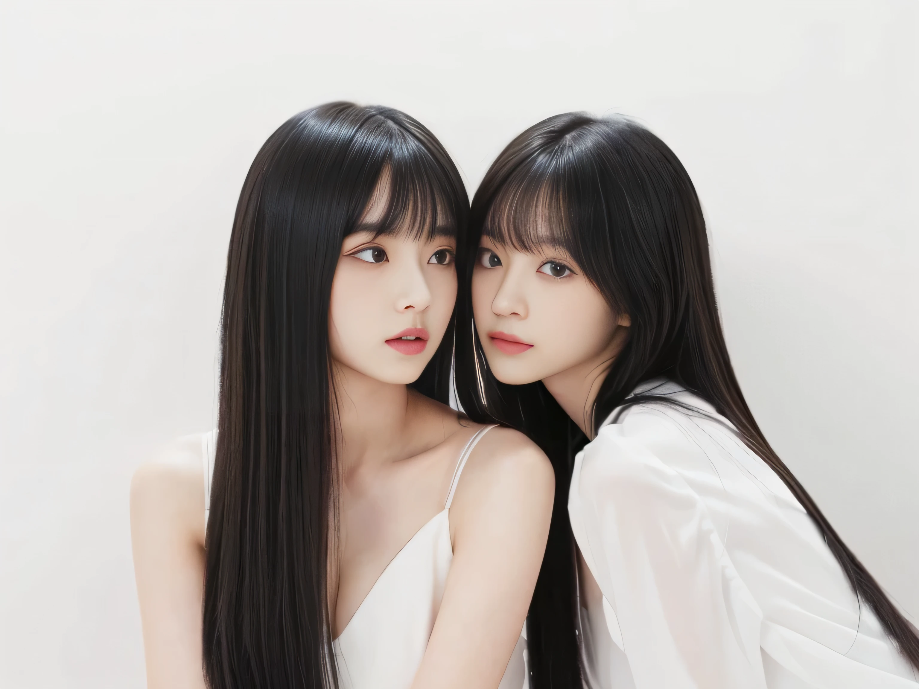 (Two identical twin hair models in the same space are hugging each other, closing their eyes and kissing) ((Two people kissing at the same time:2.0 photographed from chest up)) (The two are identical clones, Wear the same clothes, stop temporarily, Hairstyle, exterior.:1.5) ((Beautiful 18-year-old model with long black hair, girl with super length Hair, extremely length Hair, extra length Hair, very long, Flowing Hair, very length Hair, length Hair girl, very long, Flowing black hair, length Hair windy, Very long black hair, length, Flowing Hair,Incredibly long-lasting hair, length Hair!!!! Her highest quality hair is long and straight., very long, highest quality black hair, length hair in the center, Highest quality long straight hair, length, straight, beautiful, High quality hair, length and free black highest quality straight hair, length Hair, length and straight, highest quality black hair, Perfect silky straight hair of the highest quality, straight, highest quality black hair, length black straight hair, length, Thin black hair Her hair is long and straight, very long black hair, length hair in the center, length straight hair, length, straight, beautiful hair of the highest quality, length Hair, length, straight black hair, length and free straight black hair, straight black hair)) (Her bangs are perfect.:1.3) (Pure white wall background:1.8) (Japan's most sexy and beautiful 18-year-old beauty model) ((highest quality)), ((masterpiece)), (Familiar) (Get used to it) Perfect Face (Her skin is a typical Japanese skin color.....、And very detailed) (Big Breasts:1.3) (She has a beautiful face and a typical Japanese figure...., Narrow eyes) (She has perfect beautiful makeup and face Lipstick is light red A solid eyeliner) ((Rich 1.4)) (Extremely detailed 8K) (Ultra-fine skin texture 1.4) (Actual, Vibrant:1.4), double eyelid Sharp focus:1.2、Beautiful woman:1.4 Dynamic Lighting (Genuine RAW photos taken by professional photographers) Professional Hair Shine. (She has a bright and cheerful face) (((途方もなくlengthBlack hair 1.3))) (length, Shiny black hair, その女性はlengthBlack hairをしている, lengthBlack hair, Waist-length hair, very lengthBlack hair, thick shining black hair, black silky hair, length and shiny hair, lengthBlack hair, length, Flat Hair Ridiculously long hair, Black shiny hair, Very shiny, Abnormally long hair, 厚く輝く異常にlengthBlack hair,Jet black silky hair Her hair is とてもlength and straight length, Voluminous black hair that reaches down to her ankles unusually long black hair, unusually long black hair, Very long black hair) (Her face is slim and dignified.., length, Narrow eyes..々Nice face) (They are'They're both wearing the same white lingerie:1.5)