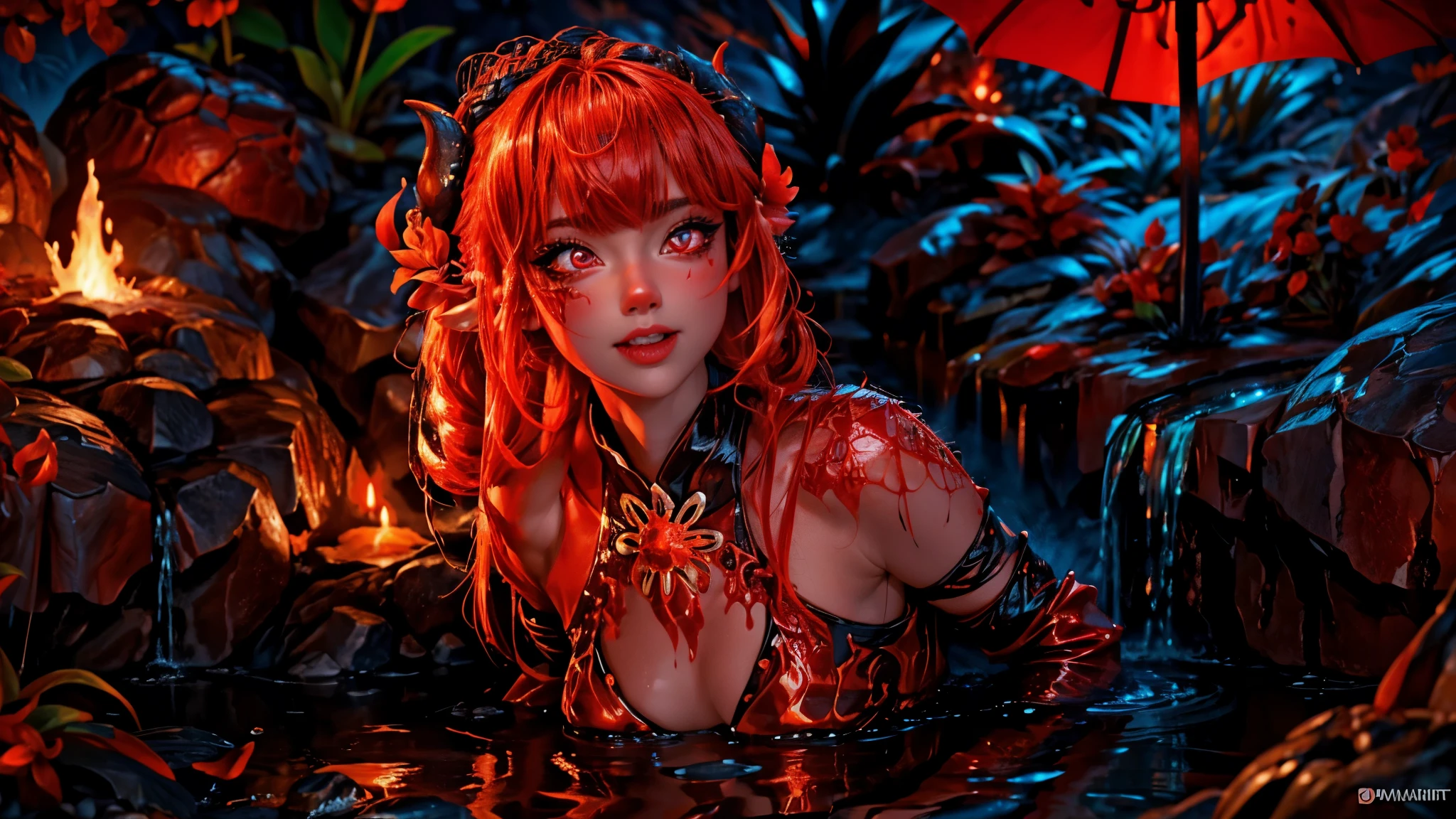 A girl dousing a lava demon with water,lush garden,fiery red lava,beautiful detailed eyes,beautiful detailed lips,flowing water,sparkling droplets,magical shimmering effect, intense heat, dramatic contrast, highres, HDR, vibrant colors, fiery orange and red hues, ethereal lighting, fantasy theme