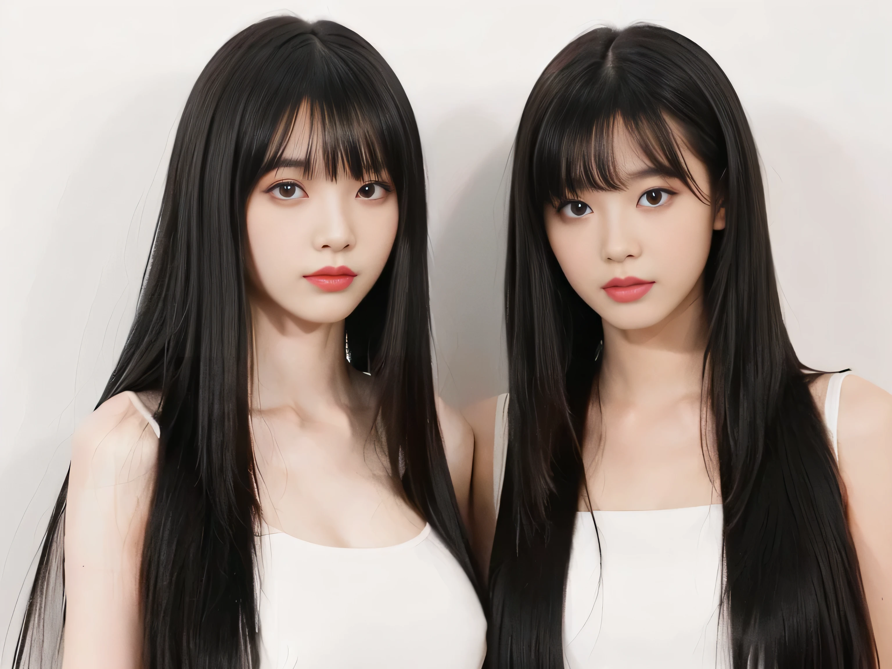 (Two identical twin hair models in the same space are hugging each other, closing their eyes and kissing) ((Two people kissing at the same time:2.0 photographed from chest up)) (The two are identical clones, Wear the same clothes, stop temporarily, Hairstyle, exterior.:1.5) ((Beautiful 18-year-old model with long black hair, girl with super length Hair, extremely length Hair, extra length Hair, very long, Flowing Hair, very length Hair, length Hair girl, very long, Flowing black hair, length Hair windy, Very long black hair, length, Flowing Hair,Incredibly long-lasting hair, length Hair!!!! Her highest quality hair is long and straight., very long, highest quality black hair, length hair in the center, Highest quality long straight hair, length, straight, beautiful, High quality hair, length and free black highest quality straight hair, length Hair, length and straight, highest quality black hair, Perfect silky straight hair of the highest quality, straight, highest quality black hair, length black straight hair, length, Thin black hair Her hair is long and straight, very long black hair, length hair in the center, length straight hair, length, straight, beautiful hair of the highest quality, length Hair, length, straight black hair, length and free straight black hair, straight black hair)) (Her bangs are perfect.:1.3) (Pure white wall background:1.8) (Japan's most sexy and beautiful 18-year-old beauty model) ((highest quality)), ((masterpiece)), (Familiar) (Get used to it) Perfect Face (Her skin is a typical Japanese skin color.....、And very detailed) (Big Breasts:1.3) (She has a beautiful face and a typical Japanese figure...., Narrow eyes) (She has perfect beautiful makeup and face Lipstick is light red A solid eyeliner) ((Rich 1.4)) (Extremely detailed 8K) (Ultra-fine skin texture 1.4) (Actual, Vibrant:1.4), double eyelid Sharp focus:1.2、Beautiful woman:1.4 Dynamic Lighting (Genuine RAW photos taken by professional photographers) Professional Hair Shine. (She has a bright and cheerful face) (((途方もなくlengthBlack hair 1.3))) (length, Shiny black hair, その女性はlengthBlack hairをしている, lengthBlack hair, Waist-length hair, very lengthBlack hair, thick shining black hair, black silky hair, length and shiny hair, lengthBlack hair, length, Flat Hair Ridiculously long hair, Black shiny hair, Very shiny, Abnormally long hair, 厚く輝く異常にlengthBlack hair,Jet black silky hair Her hair is とてもlength and straight length, Voluminous black hair that reaches down to her ankles unusually long black hair, unusually long black hair, Very long black hair) (Her face is slim and dignified.., length, Narrow eyes..々Nice face) (They are'They're both wearing the same white lingerie:1.5)