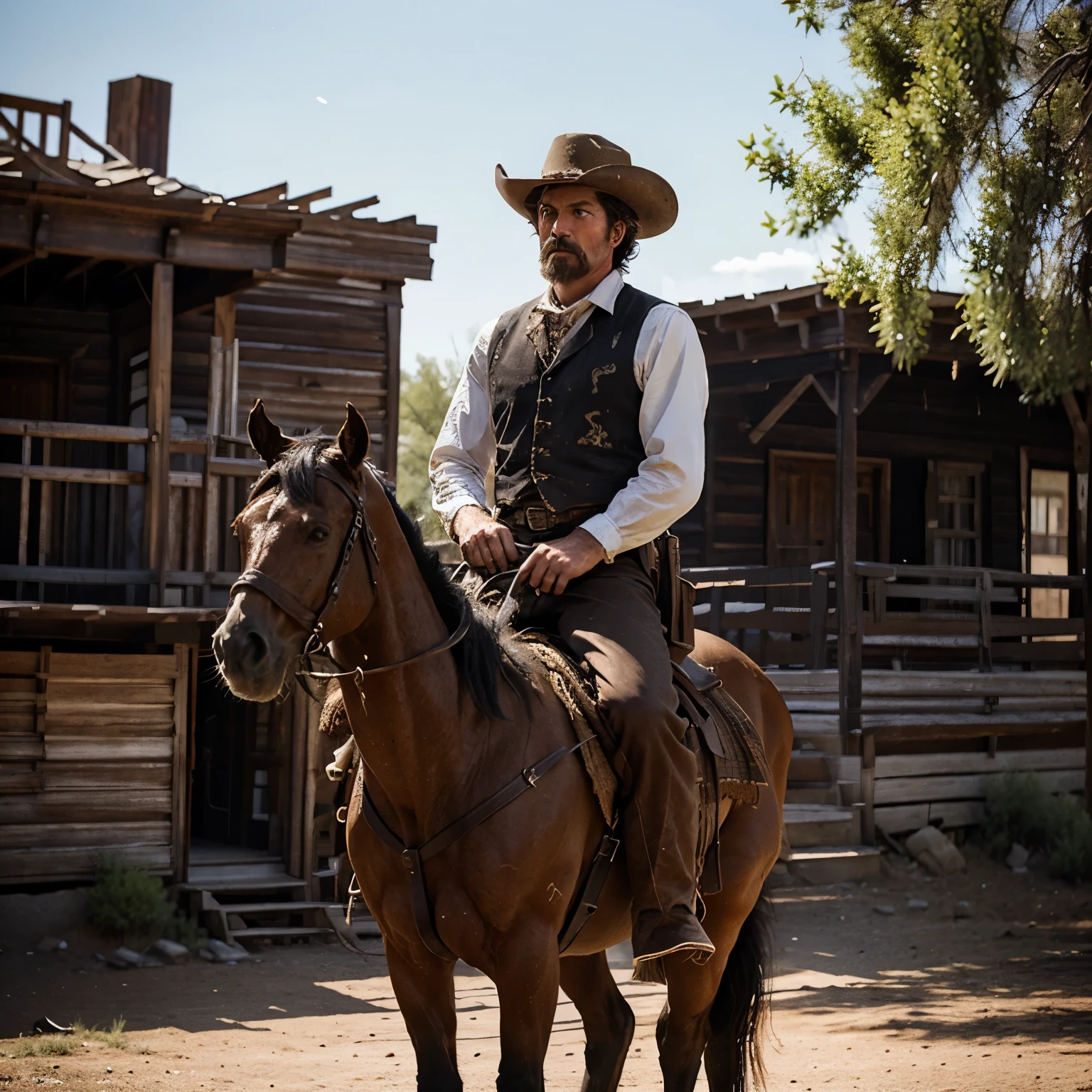 Make a cowboy just like it was in 1880, with a ghostly appearance. Riding on a demonic-looking horse in an old west ghost town.