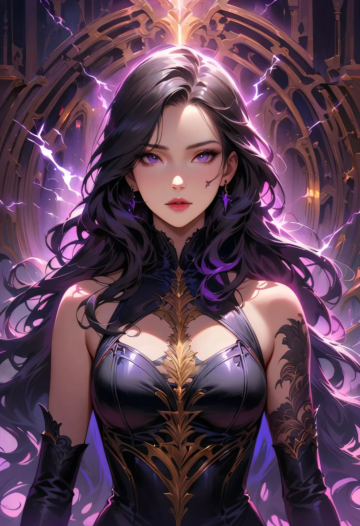 a detailed portrait of a female assassin in a dark fantasy setting, with long flowing hair in shades of black and purple, Tattood on the face, piercing blue, wearing a sleek black leather outfit , including dragon scales tattoos on her arms. She stands in a dimly underground chamber, holding a curved daggers , The scene is illuminated with flickering lightning, casting shadows and enhancing the suspenseful atmosphere. The image is of the highest quality, with extreme attention to detail , showcasing the artist's technical expertise and mastery of light and shadow. The art style is realistic yet with a touch of fantasy.