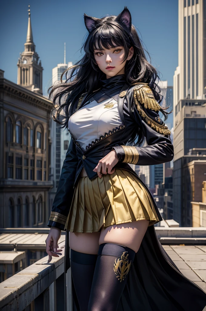  (masterpiece, best quality),  intricate details, 1girl,   blake_belladonna, gmuniform, pleated skirt, blue thighhighs,  black and gold uniform,  standing on rooftop, city