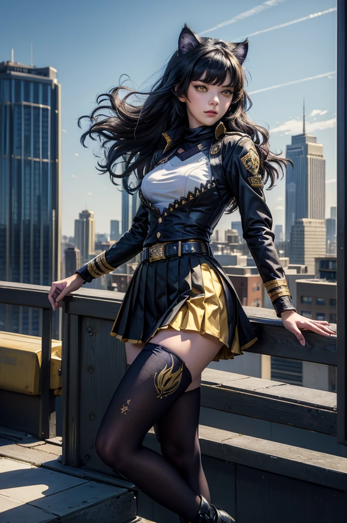  (masterpiece, best quality),  intricate details, 1girl,   blake_belladonna, gmuniform, pleated skirt, blue thighhighs,  black and gold uniform,  standing on rooftop, city