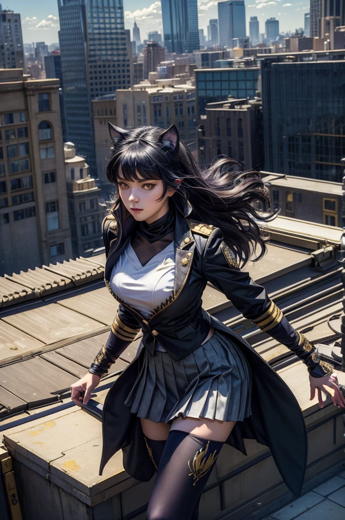 (masterpiece, best quality), intricate details, 1girl, blake_belladonna, gmuniform, pleated skirt, blue thighhighs, black and gold uniform, standing on rooftop, city