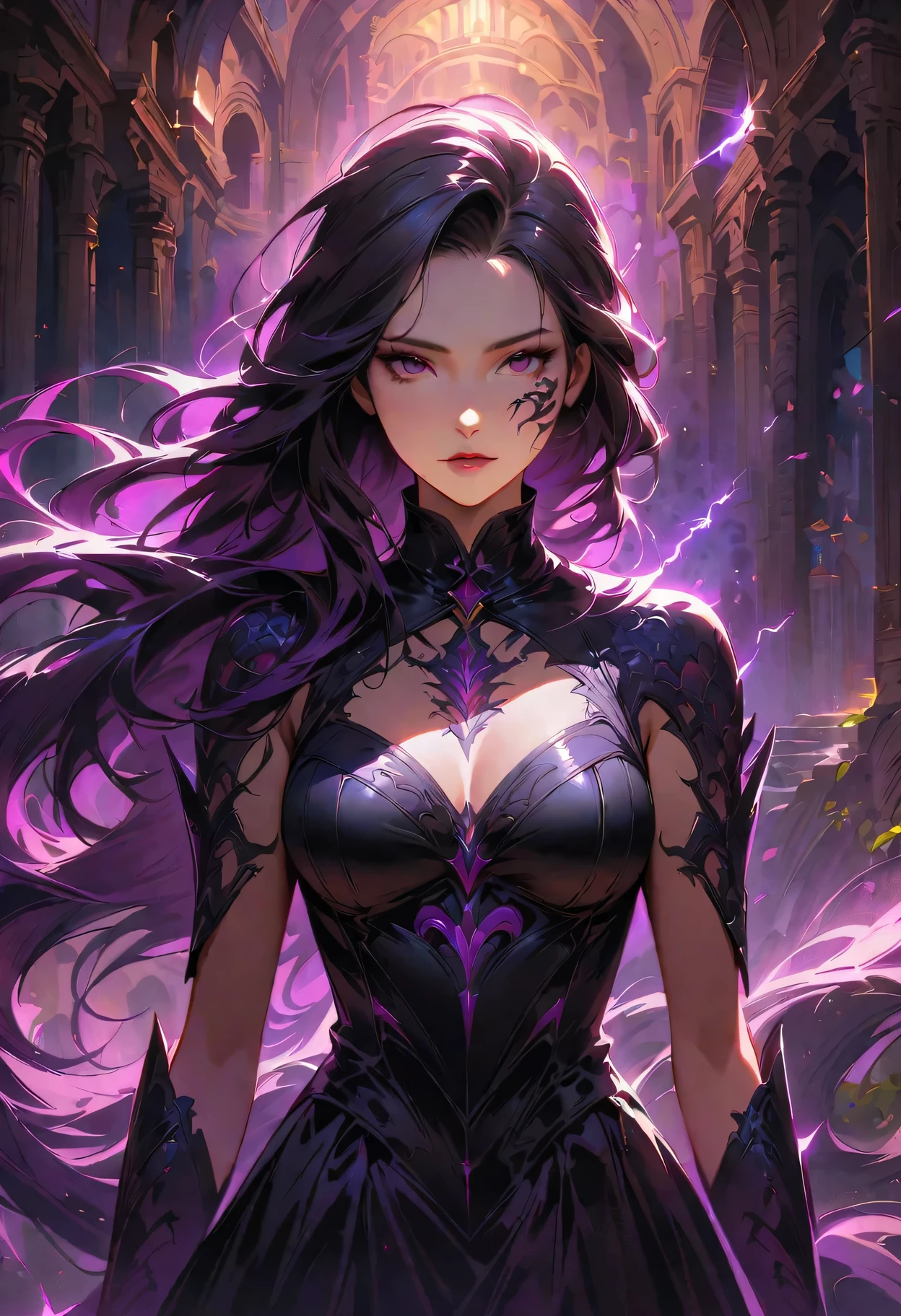 a detailed portrait of a female assassin in a dark fantasy setting, with long flowing hair in shades of black and purple, Tattood on the face, piercing blue, wearing a sleek black leather outfit , including dragon scales tattoos on her arms. She stands in a dimly underground chamber, holding a curved daggers , The scene is illuminated with flickering lightning, casting shadows and enhancing the suspenseful atmosphere. The image is of the highest quality, with extreme attention to detail , showcasing the artist's technical expertise and mastery of light and shadow. The art style is realistic yet with a touch of fantasy.
