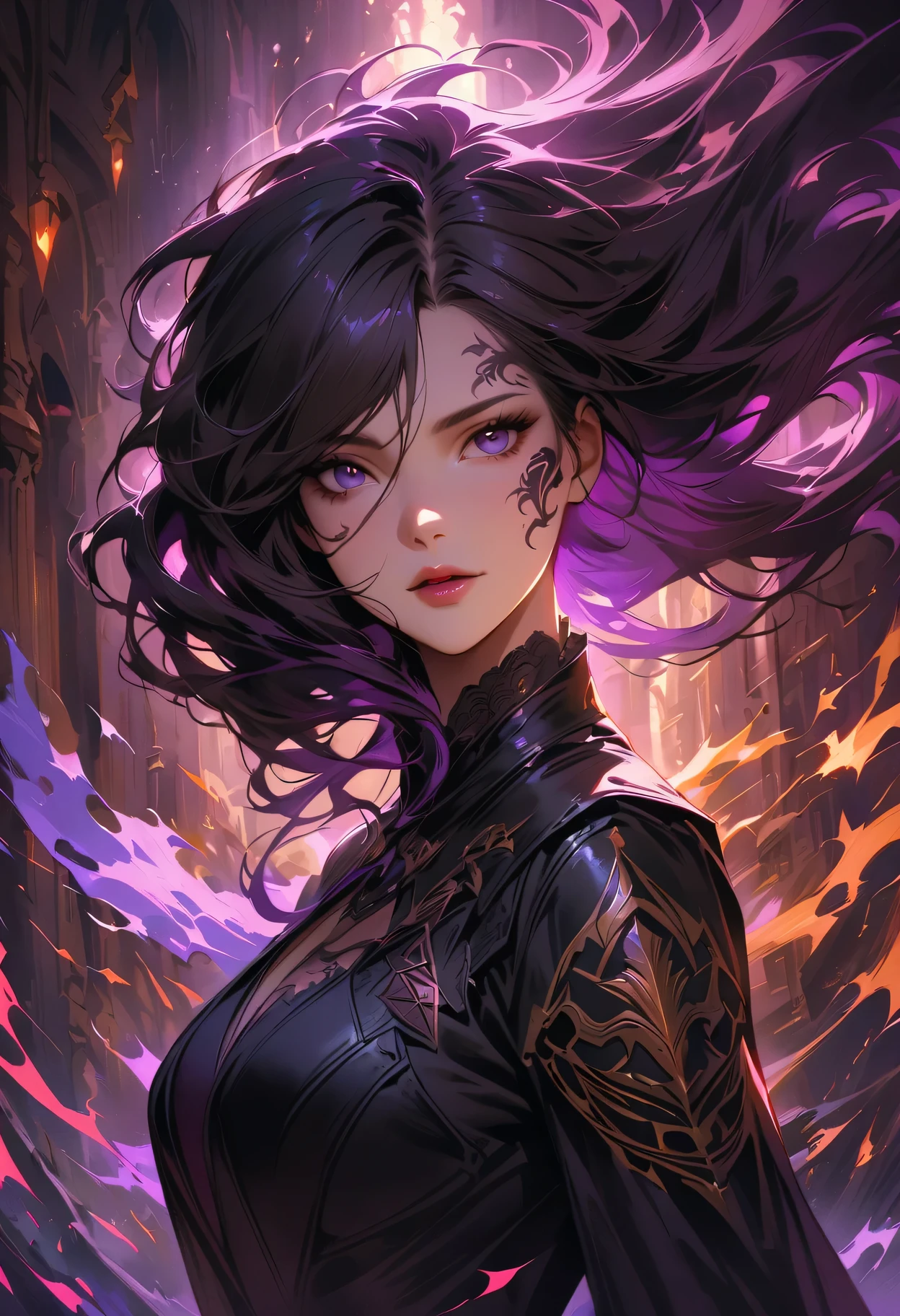 a detailed portrait of a female assassin in a dark fantasy setting, with long flowing hair in shades of black and purple, Tattood on the face, piercing blue, wearing a sleek black leather outfit , including dragon scales tattoos on her arms. She stands in a dimly underground chamber, holding a curved daggers , The scene is illuminated with flickering lightning, casting shadows and enhancing the suspenseful atmosphere. The image is of the highest quality, with extreme attention to detail , showcasing the artist's technical expertise and mastery of light and shadow. The art style is realistic yet with a touch of fantasy.