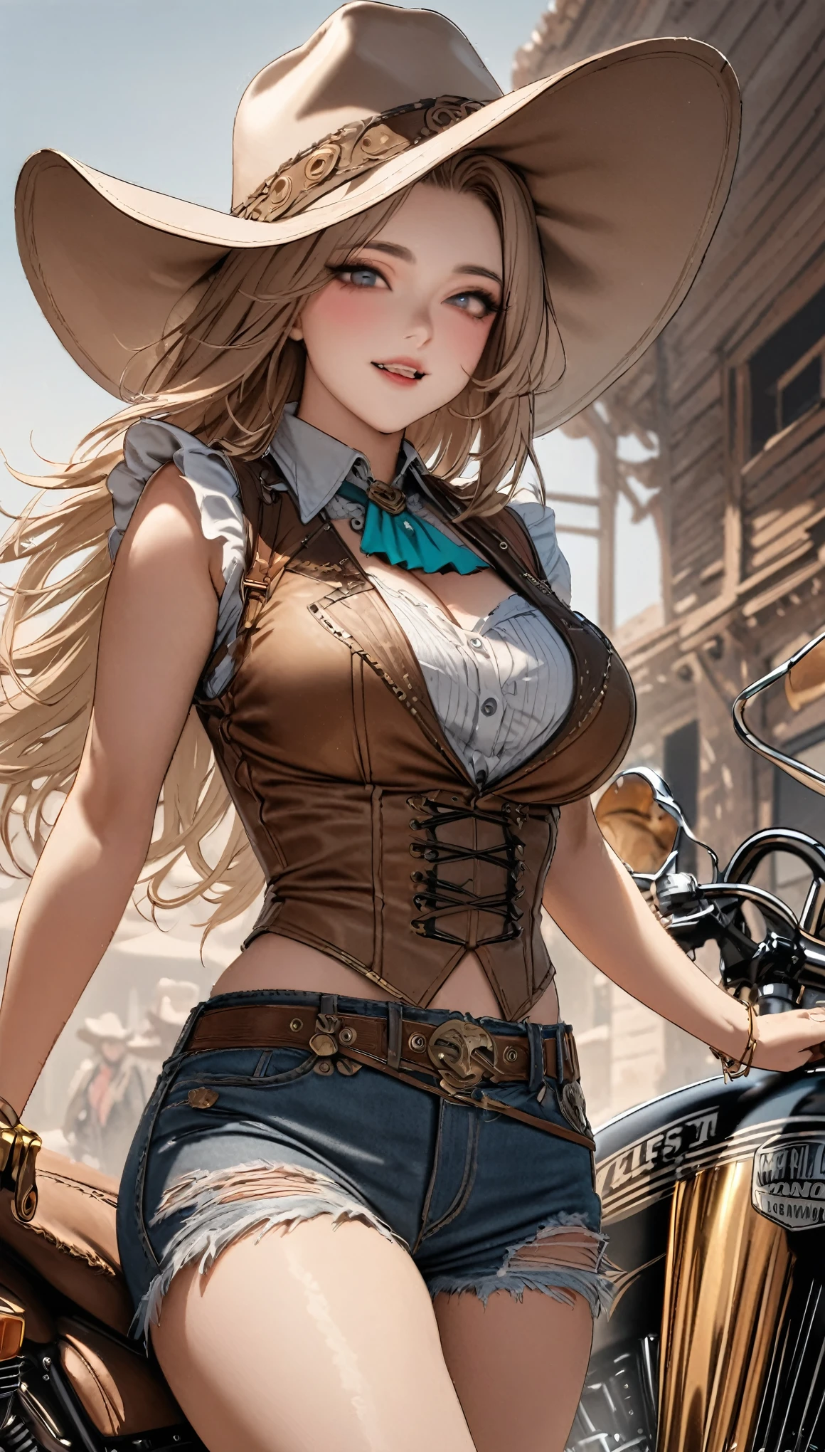 Generates a woman dressed as a cowgirl with brown suspender ,gunbelt and bandana black clothing and her genitals visible topless nude and nipples big-boobs smile