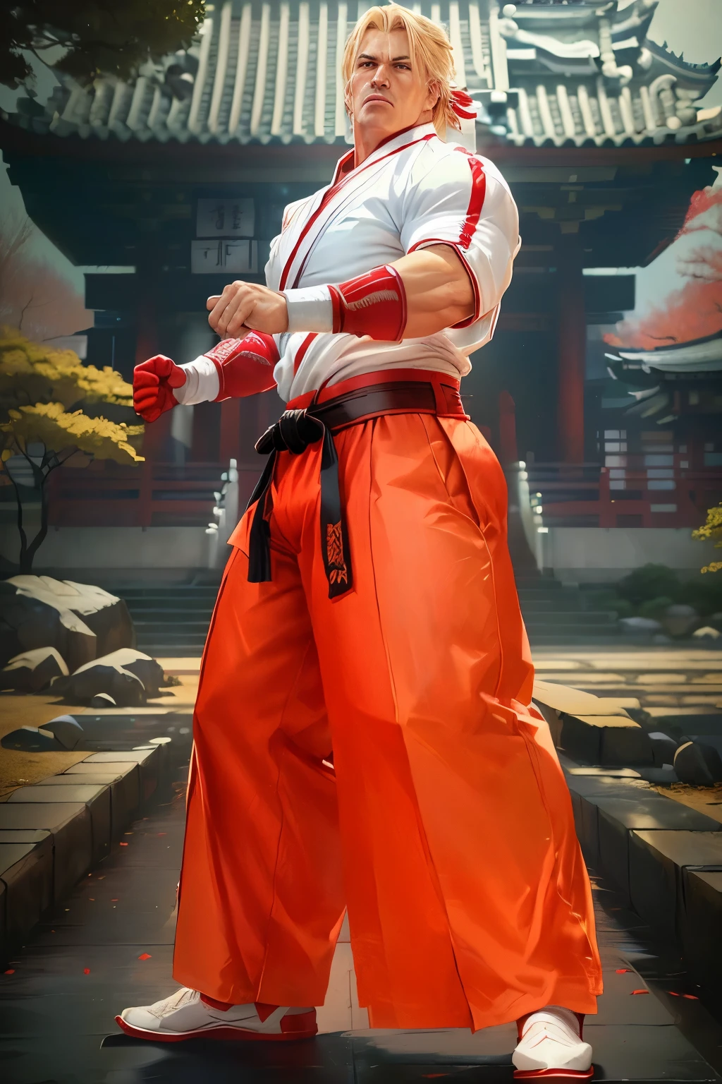 there is a strong caucasian blonde middle-aged man in a traditional martial arts kimono, white shirt, (red pants : 1.5), wearing white socks, fighting game character, character from king of fighters, japanese temple in the background, very muscular man