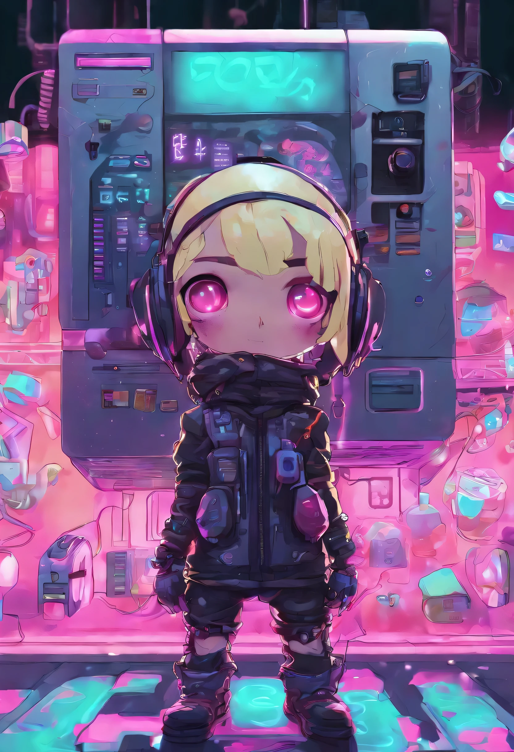 masterpiece, highly detailed, (chibi:1.3), , (1girl), blonde hair, pastel colors, cozy atmosphere, dessert display case, macarons, cupcakes, tarts, cakes, coffee machine, chalkboard menu, natural lighting, glass jars filled with candy, frosted window panes, decorative plates, whimsical decor, sugar sculptures,   