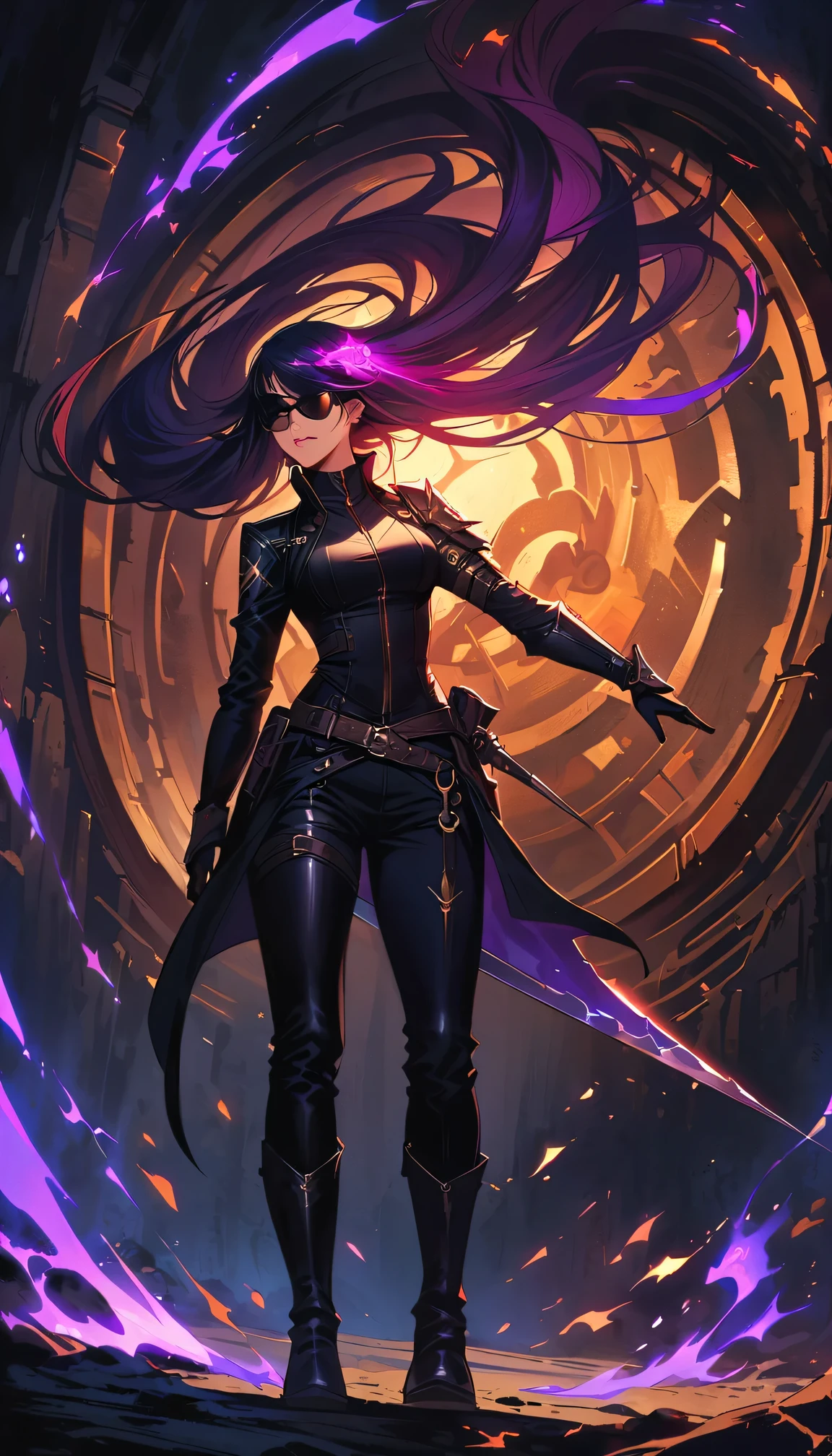 a female assassin in a dark fantasy setting, with long flowing hair in shades of black and purple, Tattood on the face, piercing blue, wearing a sleek black leather outfit , including dragon scales tattoos on her arms,Wearing a pair of pointed long leather boots. She stands in a dimly underground chamber, holding a curved daggers , The scene is illuminated with flickering torche, casting shadows and enhancing the suspenseful atmosphere. The lighting emphasizes the sharp edges and intricate details of the assassin's attire, adding depth and texture to the overall composition. The image is of the highest quality, with extreme attention to detail , showcasing the artist's technical expertise and mastery of light and shadow. The art style is realistic yet with a touch of fantasy.