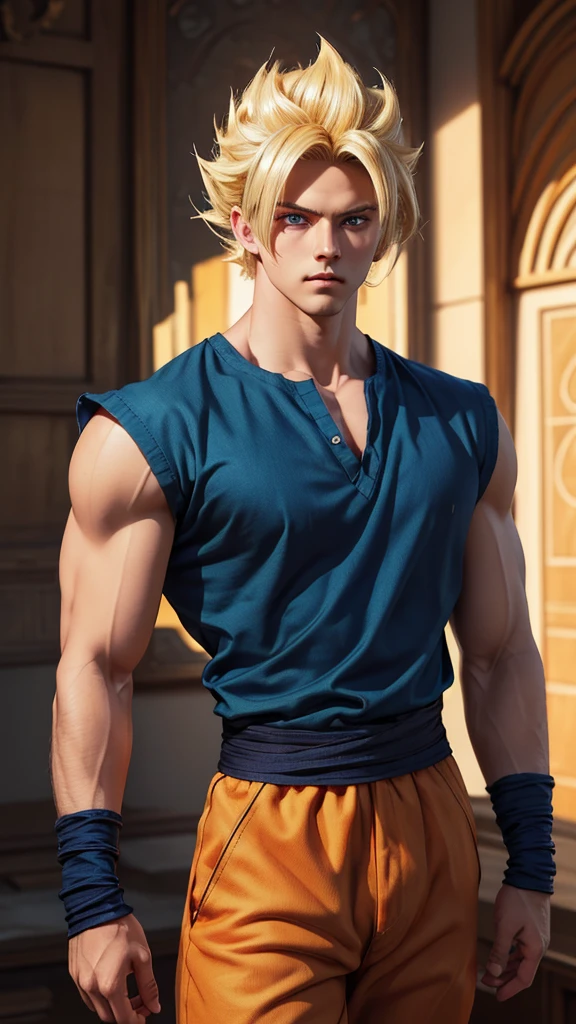 Masterpiece, Ultra realistic, 16k, high quality, incredibly detailed, dream aesthetic, dream atmosphere, pretty man. Tall. Son Goku (super saiyan) from Dragon Ball Z (Majin buu saga), shiny (pale-blond) hair, realistic pale-golden hair, messy spiky hair. Turquoise bright eyes, intense eyes look, shiny serious (blue) eyes. Pale-blond hair fluttering. blushing cheeks. tanned skin illuminated, realistic perfect shading, absurdres, realistic textures, pretty man, looking at viewer, standing. Tall. (realistic texture) orange goku shirt. dark blue shirt (under),dark blue waist band (hyper realistic), orange pants (real texture). details (detailed textures). quarry (background unfocused), masterpiece, best quality, Photorealistic.