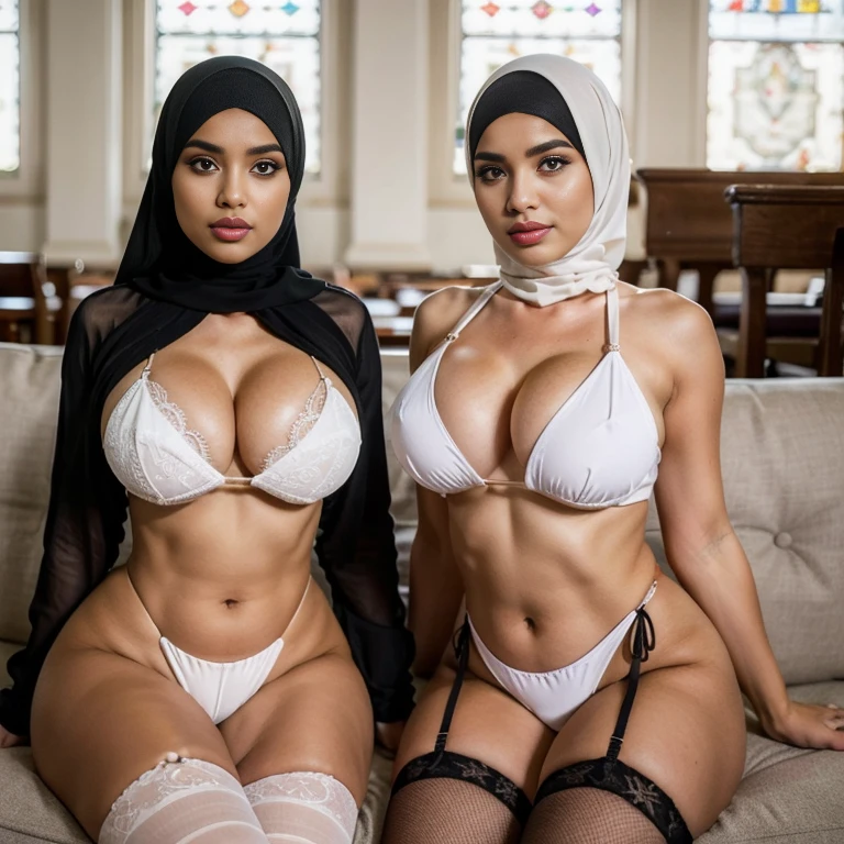 In the intimate settings dimly lit of empty church,two exceptionally voluptuous cute schoolgirls sit side by side on a sofa Their baby faces radiate innocence and charm, captivating everyone who lays eyes on them. They share the same height and body proportions, creating a visually stunning image of unity and strength. Both girls wear white (lace hijabs), beautifully wrapped around their heads, framing their faces and accentuating their sensuality. Complementing their hijabs, both girls wear (stockings) (daring string bikinis) that add a subtle hint of allure to their ensemble. The stockings enhance their sensual and lust-satisfying posture, further highlighting their lust-satisfying hourglass figures. Their makeup is flawlessly applied, with striking red lips, voluminous mascara, captivating eye shadow, precise eyeliner, and luxurious lashes. These elements enhance their already mesmerizing features, drawing attention to their expressive eyes. As they sit close to each other on a sofa, they exude a sense of unity and sisterhood. Their presence showcases the beauty and strength of cute baby faces teen tween bi Muslim schoolgirls, empowering others to embrace their identities and celebrate their unique beauty. both is looking at viewer, skin texture, ultra high res, RAW, instagram LUT, masterpiece, best quality, ultra-detailed, ultra high resolution, RAW, 4k, (looking at viewer), extremely detailed eyes and face, ((beautiful detailed nose)), ((beautiful detailed thigh)), ((beautiful detailed eyes)), perfect body proportion, (looking at the camera), smile, red lips, (SFW:1.5), ((cute)) ((baby faces)) , (fishnet stockings), ((parted legs)), cute baby faces, parted lips, ((bare belly))'s,