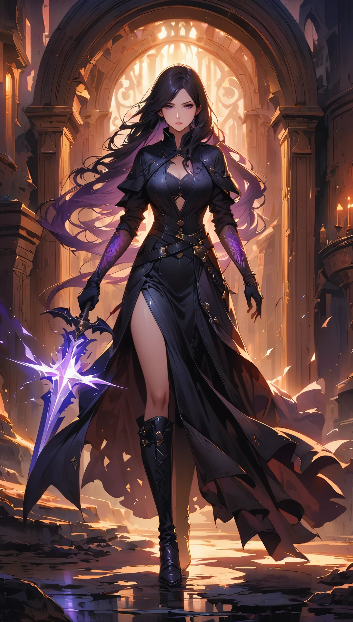  a female assassin in a dark fantasy setting, with long flowing hair in shades of black and purple, Tattood on the face, piercing blue, wearing a sleek black leather outfit , including dragon scales  tattoos on her arms,Wearing a pair of pointed long leather boots. She stands in a dimly underground chamber, holding a curved daggers , The scene is illuminated with flickering torche, casting shadows and enhancing the suspenseful atmosphere. The lighting emphasizes the sharp edges and intricate details of the assassin's attire, adding depth and texture to the overall composition. The image is of the highest quality, with extreme attention to detail , showcasing the artist's technical expertise and mastery of light and shadow. The art style is realistic yet with a touch of fantasy.