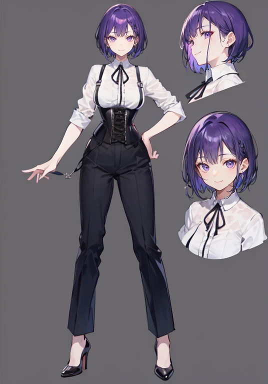 Purple hair,short cut hair,Adult female,Bartender,((Body harness)),((Rolling up your sleeves shirt)),(Corset),(slacks),High heels,((Simple background)),Smile,((Full body)),((whole body)),Character Sheet,