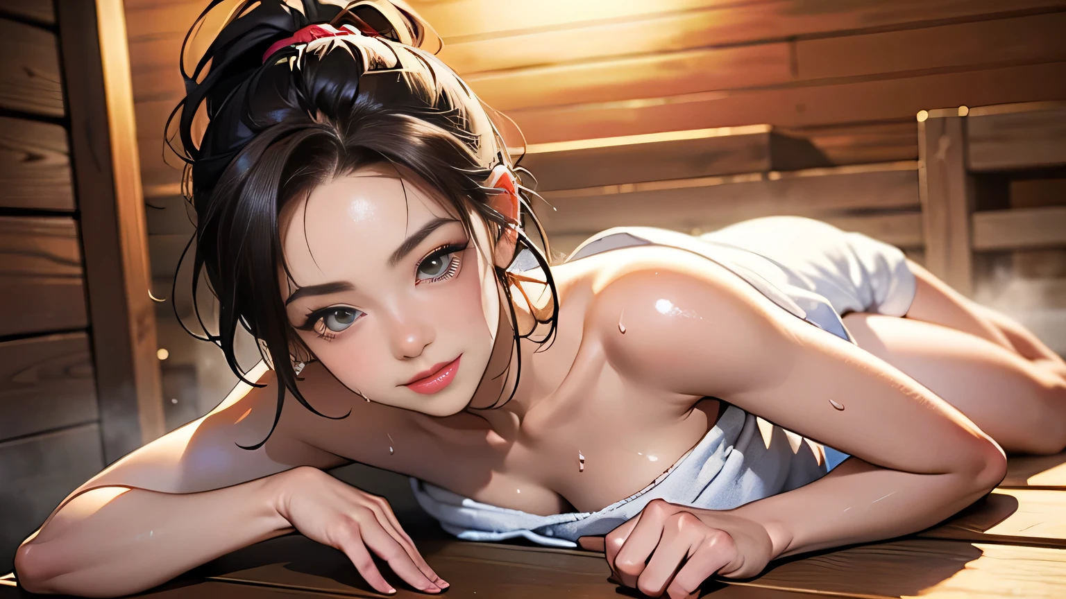 8k, highest quality, ultra high resolution, 1 female, 1980s pop culture anime style, 21 years old, (masterpiece, high resolution, detailed), Japanese, sweating, short cut, ponytail, big breasts (photorealistic) :1.4), (Famous Japanese actress:1.2), very beautiful, cute, professional photo, very delicate and beautiful, very detailed, very detailed beautiful girl, very detailed face, very detailed eyes, very detailed skin, very detailed fingers, very detailed nose, very detailed mouth, perfect anatomy, realistic body, fair skin, shiny skin, slender body, good figure, looking at viewer, smile, cute laugh Face (Black hair, (Ponytail, Beautiful girl, Perfect small face, D cup, Thin, (Only 1 female): 1.5, (Sauna: 1.3), (Full body: 1.3), (, Dark brown hair), ( Top quality, Photoreal: 1.4, Table top: 1.3, RAW photo: 1.2, Cinematic light, Very detailed illustration), (Very carefully drawn face, Very delicate eyes, Very detailed nose (very detailed mouth, very detailed facial features, very detailed body, hip details, thigh details), front view, cleavage showing, (made of very dense towel fabric) (sweating a lot), (sitting on a wooden bench), leaning forward, smiling: 0.8, light and shadow, steam, sweat,