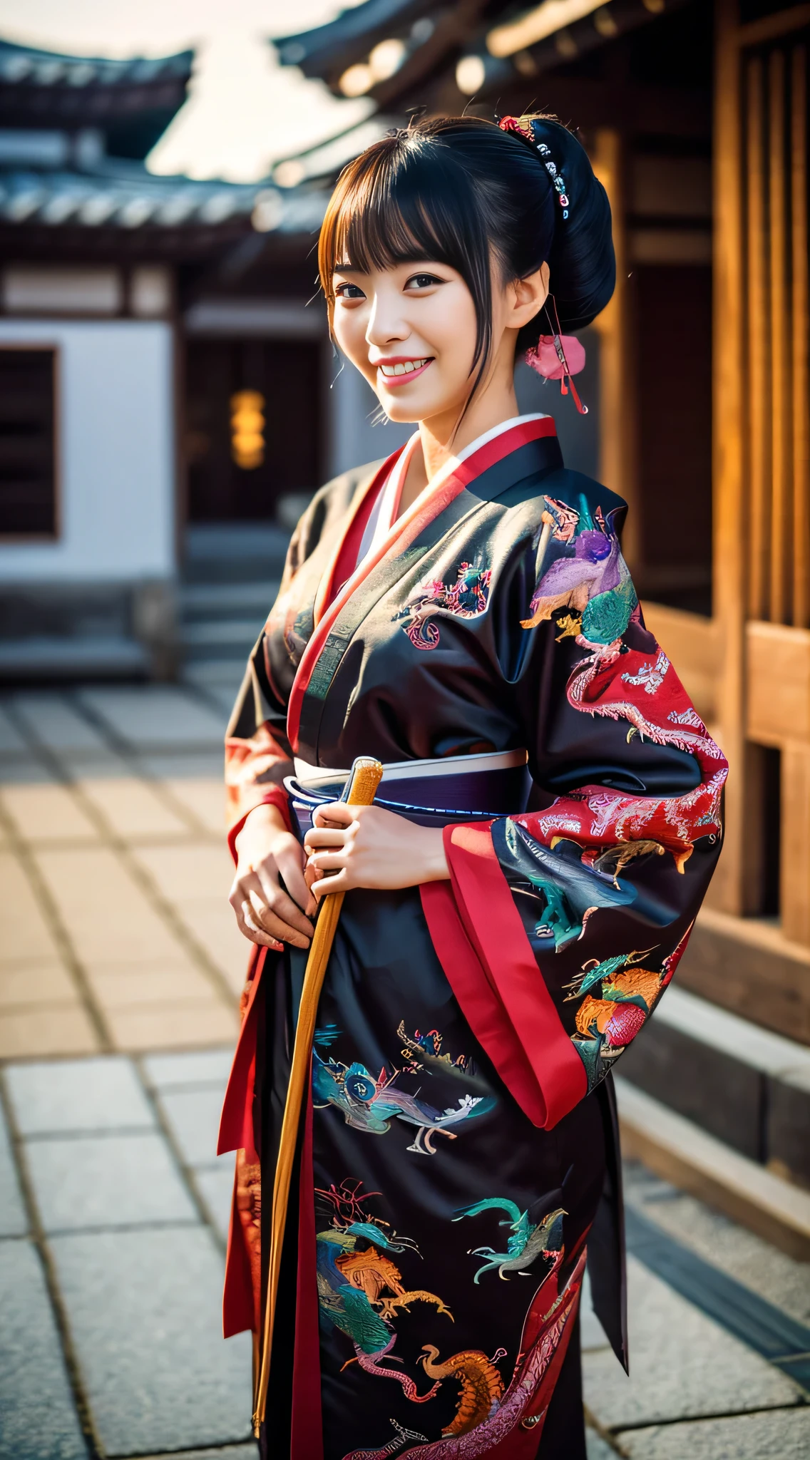 8k Uhd, Dslr,Film Grain, Fujifilm XT3,(Best Quality:1.3), (Masterpiece:1.1), High Resolution, Cinematic Light, Intricate Details, (Photorealistic) (night scene) a realistic backlight dramatic red tone light photography full body of a beautiful japanese geisha girl, ((facial texture pore detail)), grin demonic smile, simple messy hairdo, wearing satin black kimono with traditional dragon motif, open shoulder, full body colourful dragon tattoo, holding long katana blade, inside traditional villa, 8K, bokeh foreground